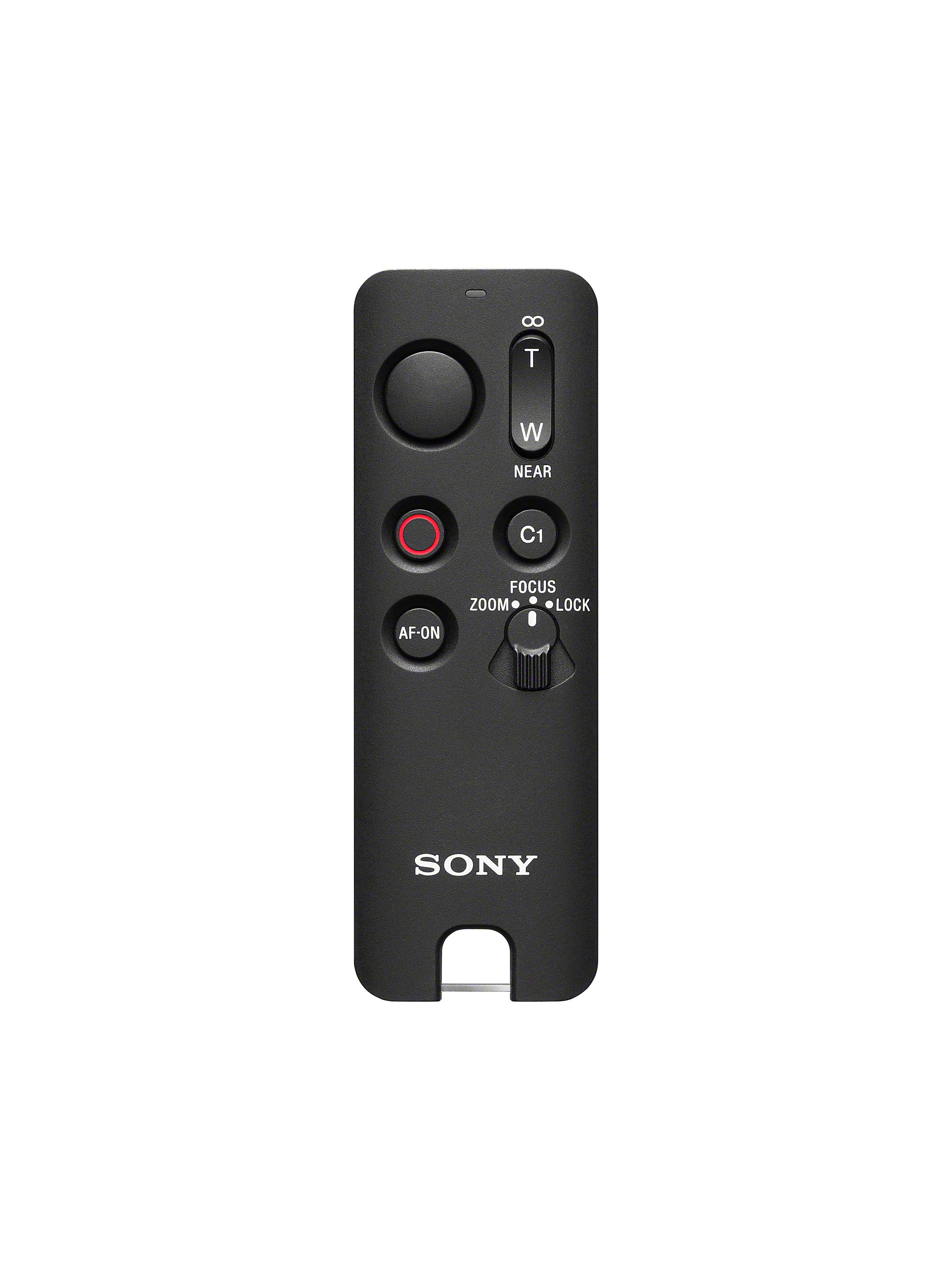 Schwarze Sony-Fernbedienung mit Tasten: AF-ON, C1, Zoom, Lock und andere. Silberne Metallschlaufe unten.