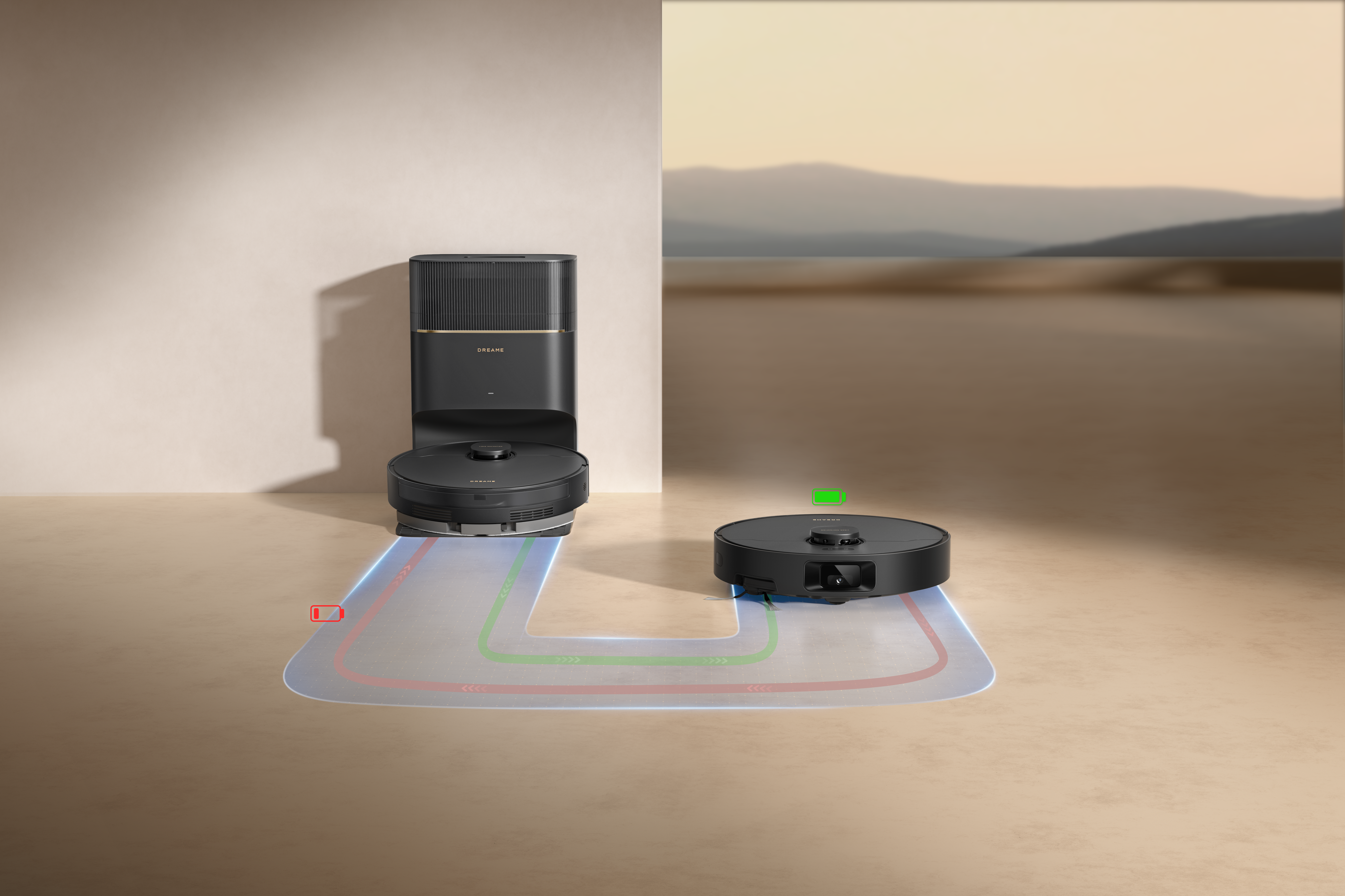 Dwa czarne roboty odkurzające. Jeden jest zadokowany, drugi na podłodze. Ścieżka jest wizualizowana między nimi. Tło przedstawia krajobraz.