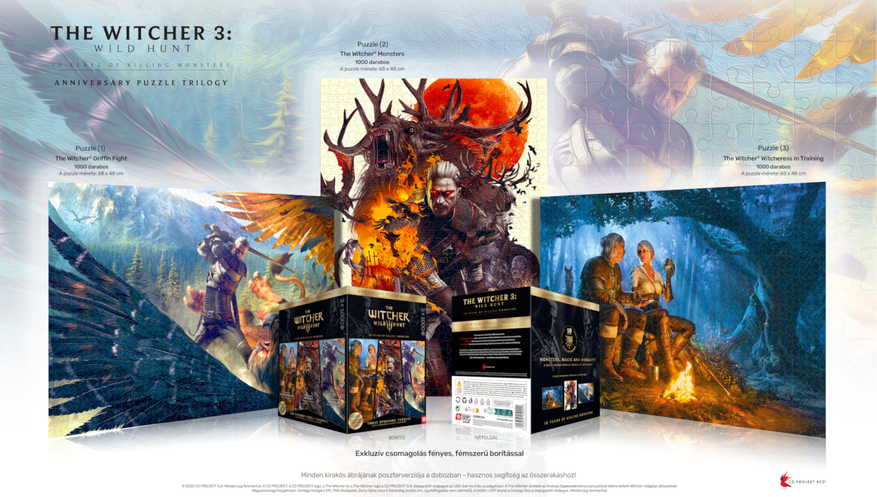 A képen a The Witcher 3 kirakós dobozai láthatók. A dobozok kirakós képeket mutatnak Geralttal, szörnyekkel és egy nővel. A szöveg a 'Wild Hunt'-ot tartalmazza.