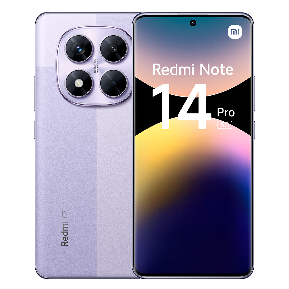 Un teléfono morado Redmi Note 14 Pro 5G. El teléfono tiene una pantalla con gradientes de color y cuatro cámaras traseras.