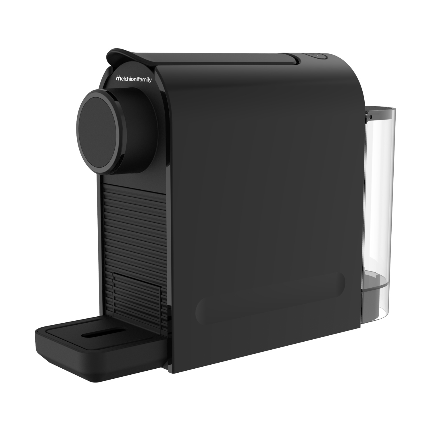 Una macchina per espresso nera Melchioni Family su sfondo bianco. Presenta un serbatoio dell'acqua, un beccuccio per il caffè e un'area di inserimento cialde.