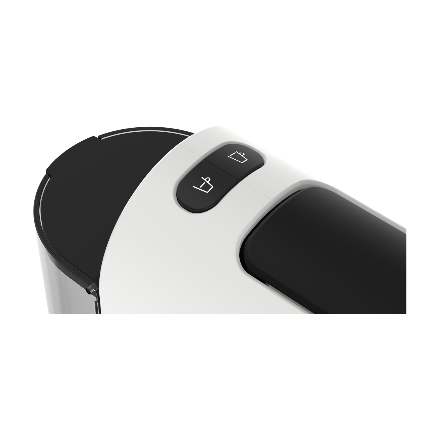 Primo piano di un dispositivo bianco e nero. Due pulsanti sono in alto. Il dispositivo è su sfondo bianco.