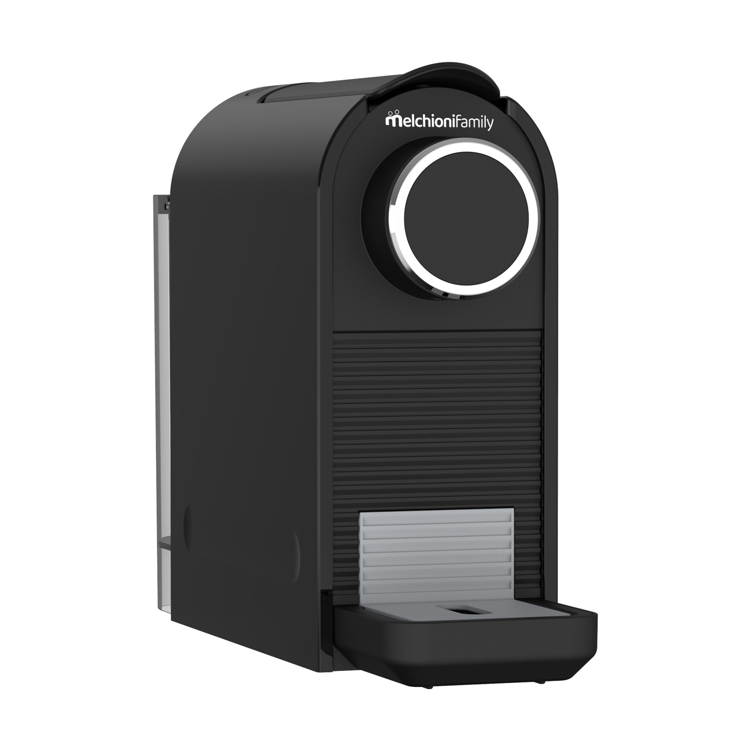 Una macchina per caffè espresso nera Melchioni Family. Ha un pulsante circolare, un serbatoio dell'acqua e un cassetto. Lo sfondo è bianco.
