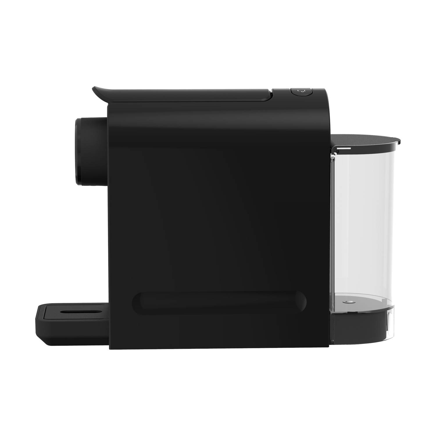 Una macchina da caffè nera su sfondo bianco. Ha un serbatoio dell'acqua, un vassoio raccogli gocce e pulsanti di controllo.