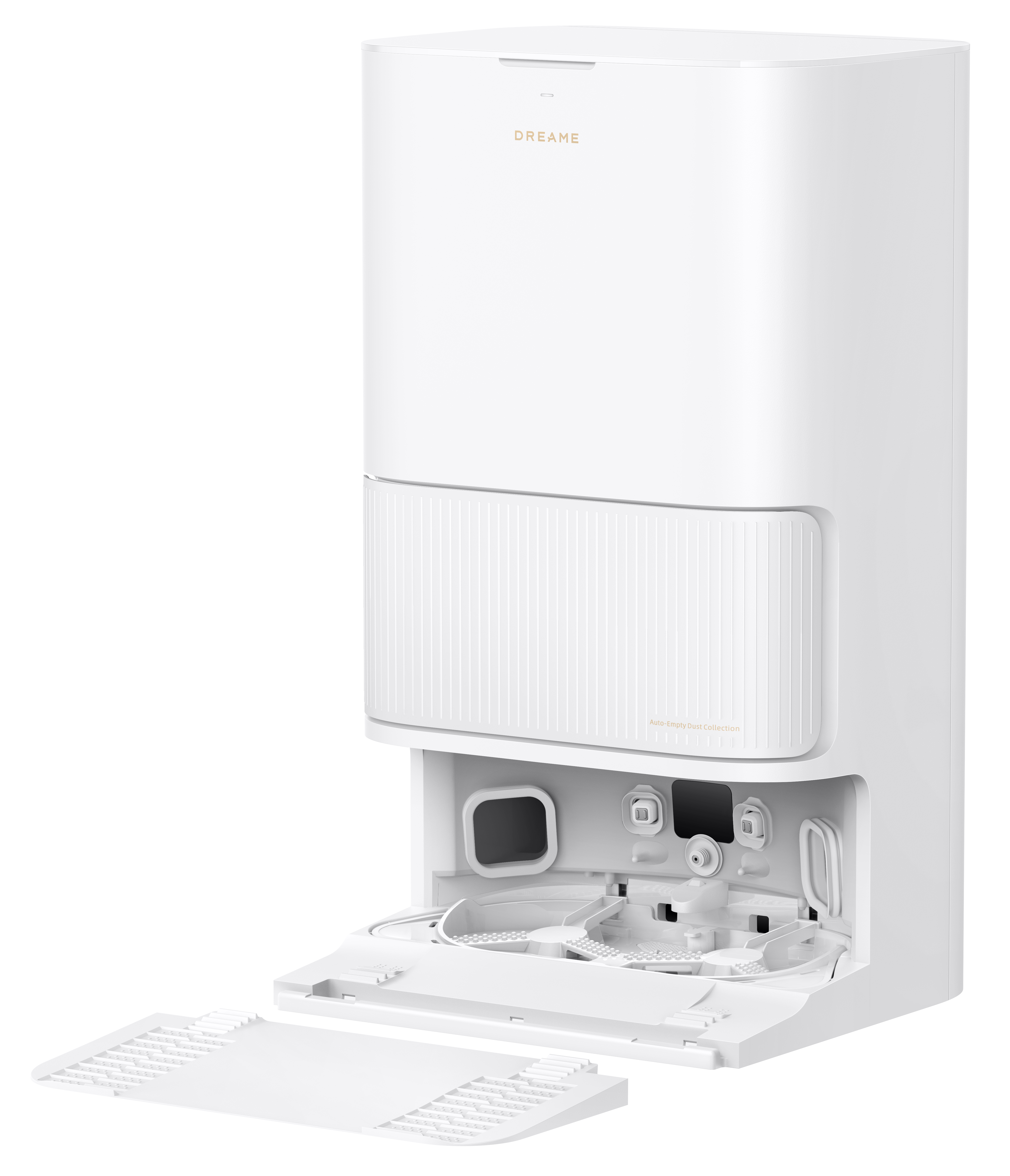 Biała stacja robota odkurzającego Dreame. Drzwi otwarte. Nazwa marki jest złota na górze.