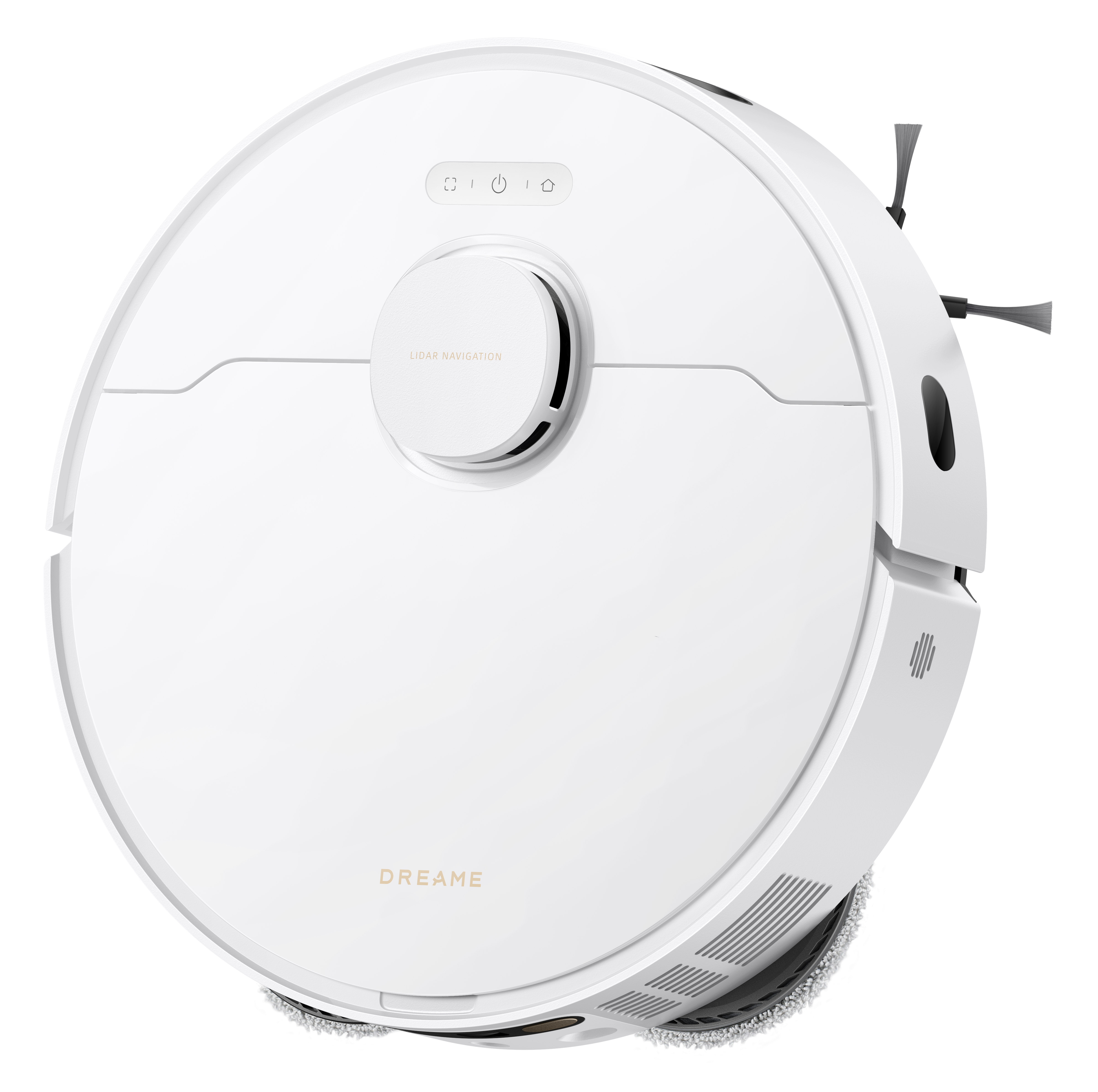 Biały robot odkurzający o okrągłym kształcie. Posiada przyciski, czujnik lidar i markę 'DREAME'.
