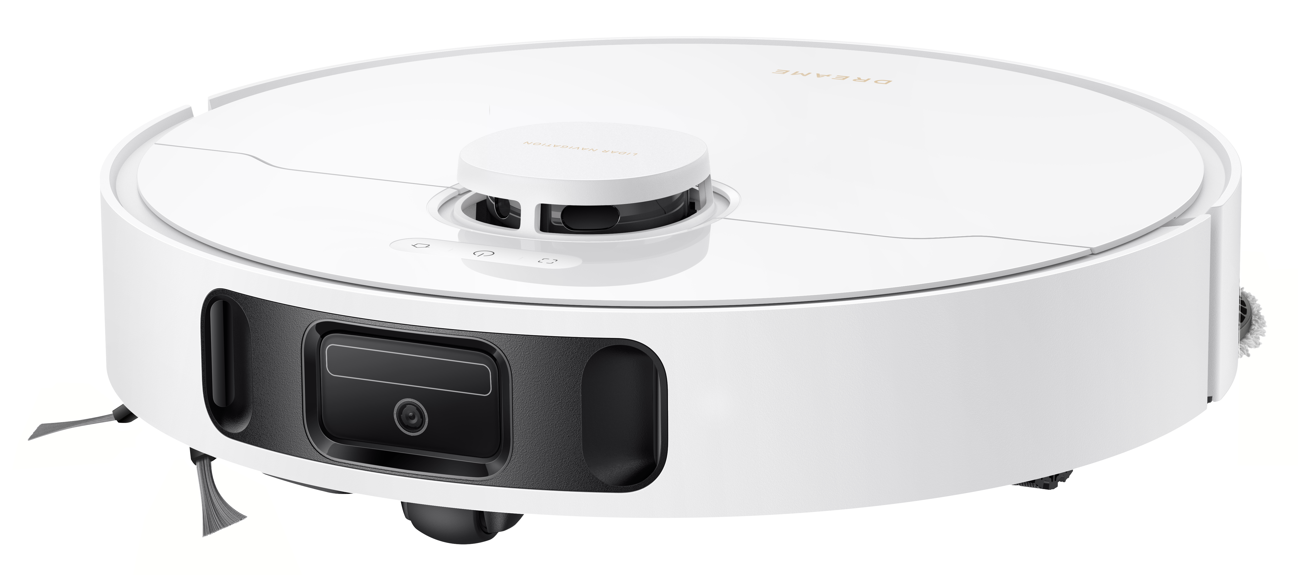 Biały robot sprzątający. Ma okrągły kształt z czarnym panelem przednim i centralnym czujnikiem.