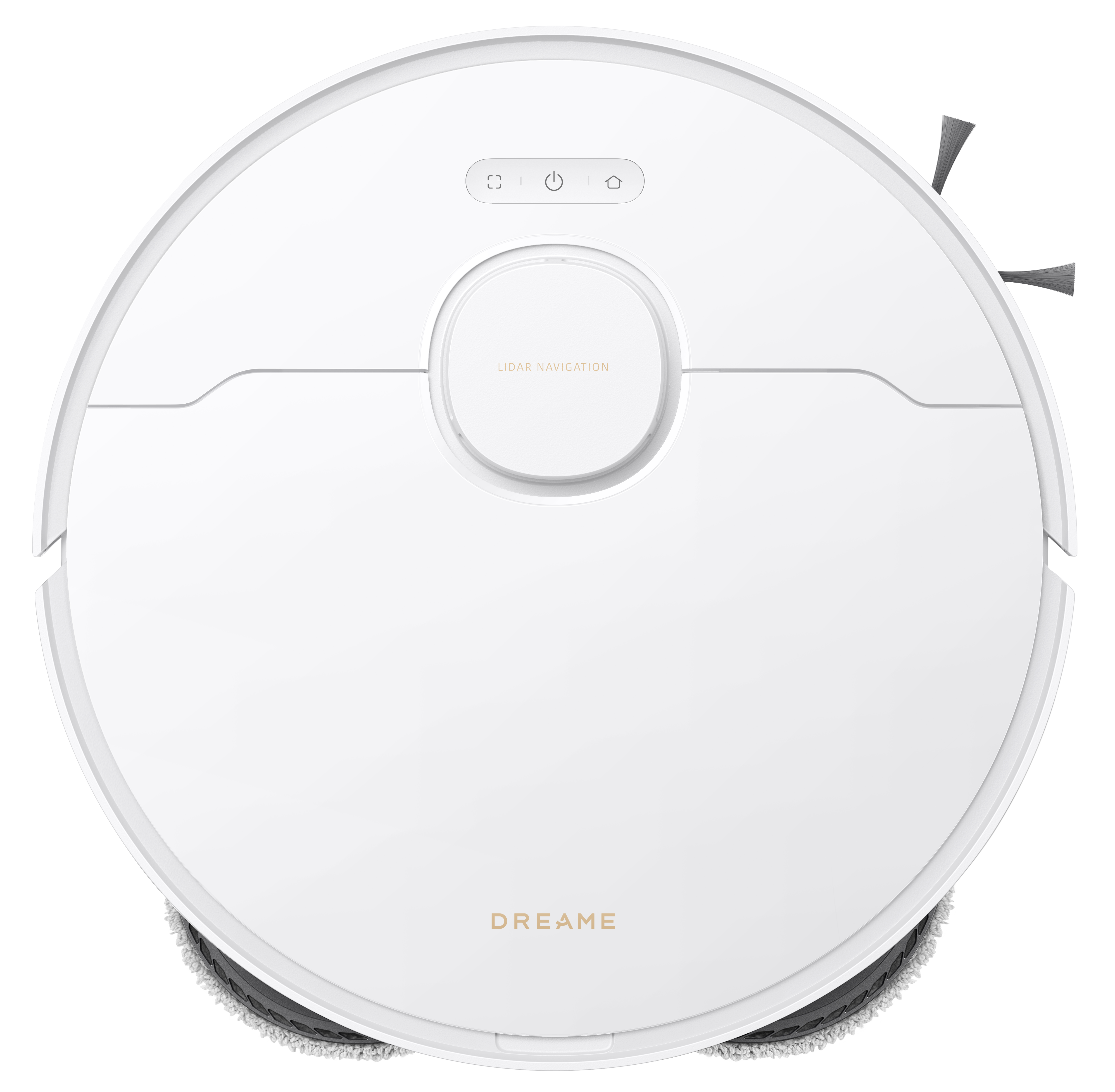 Biały robot odkurzacz o okrągłym kształcie. Posiada przyciski, system nawigacji lidar i logo Dreame.