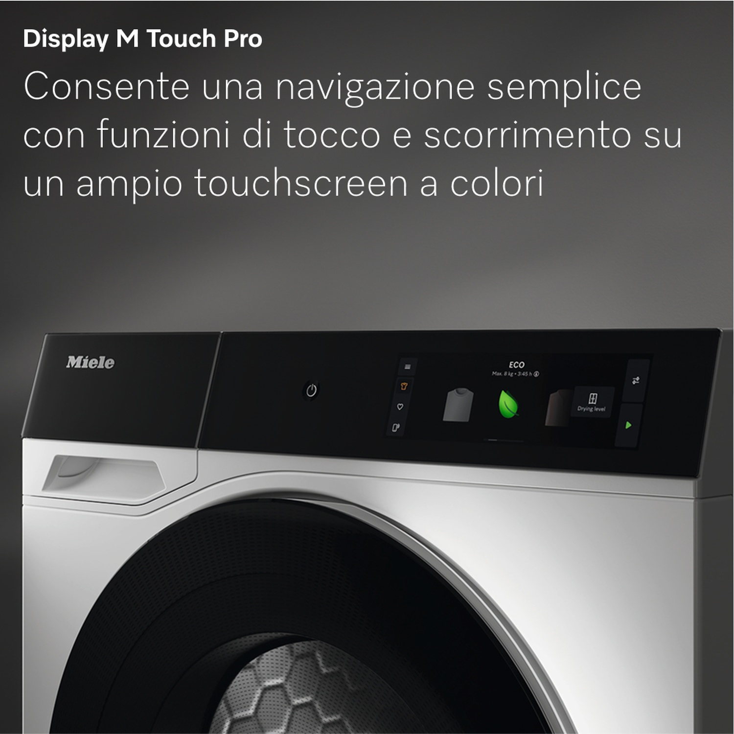 Una lavatrice con design nero e argento. Il display mostra la modalità ECO e le opzioni del livello di asciugatura.