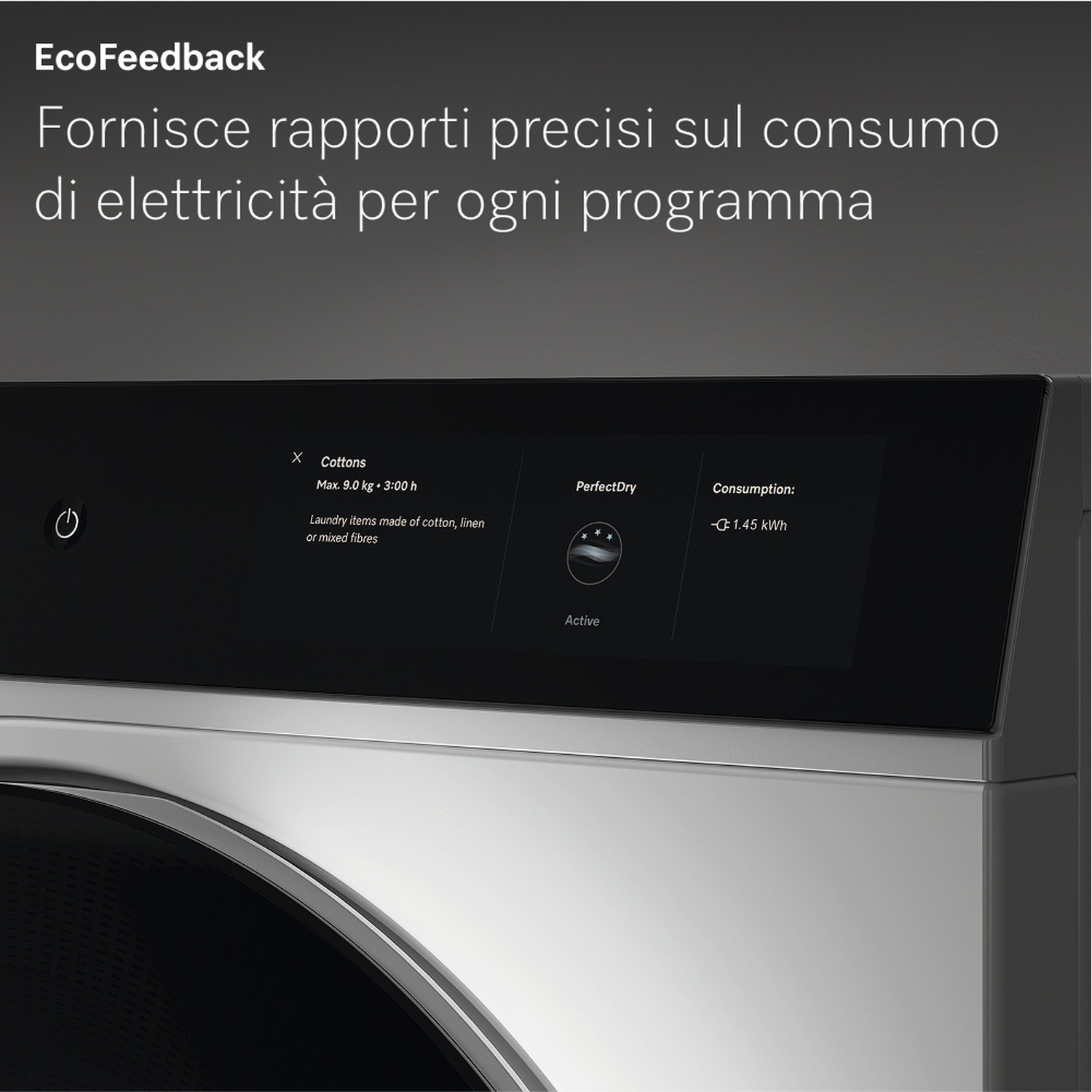 Primo piano del pannello di controllo di una lavatrice con dettagli del programma. Lo schermo mostra 'Cottons' e i dettagli del consumo energetico.