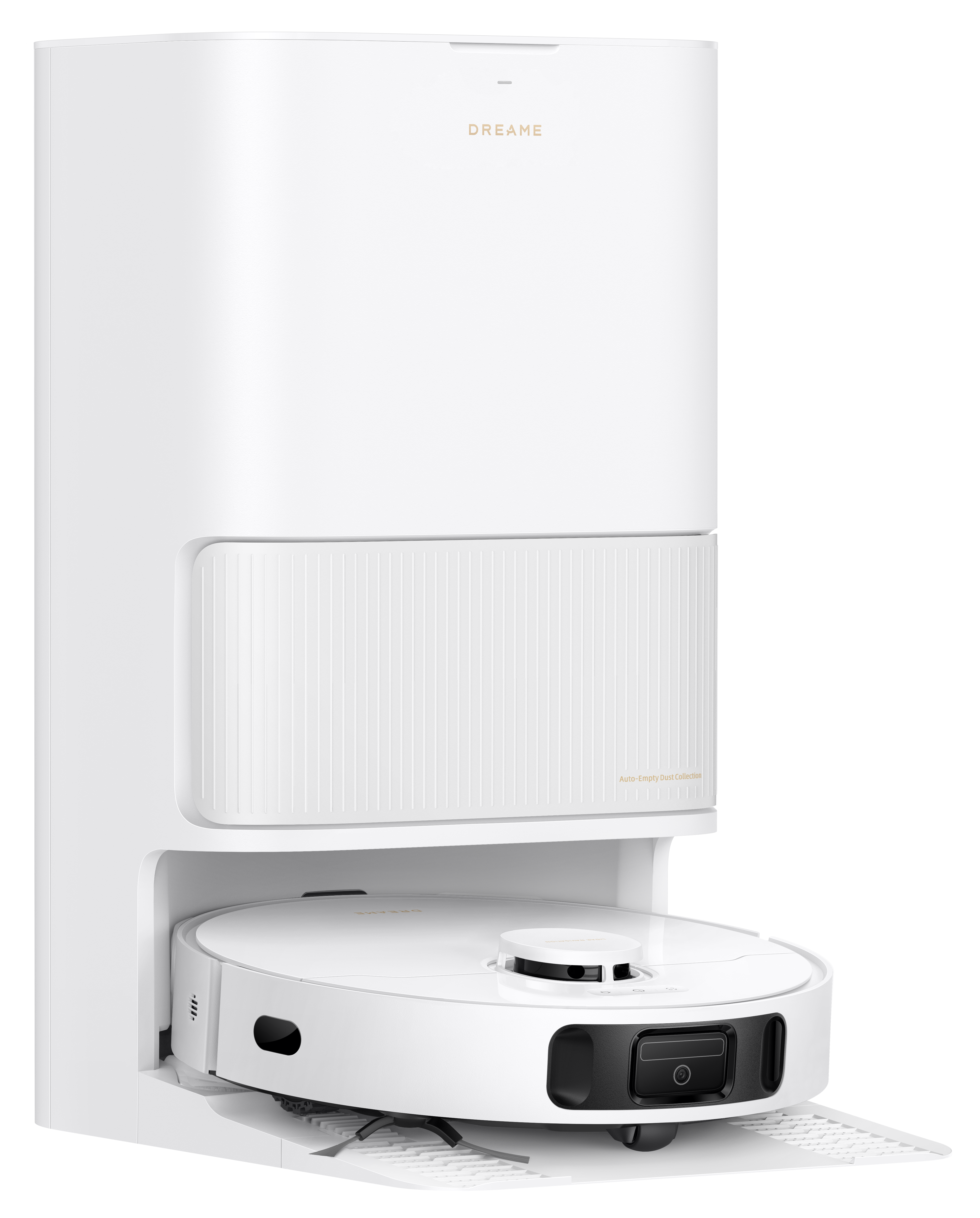 Biały robot sprzątający Dreame ze stacją ładującą. Stacja ma logo Dreame i etykietę Auto-Empty Dust Collection.