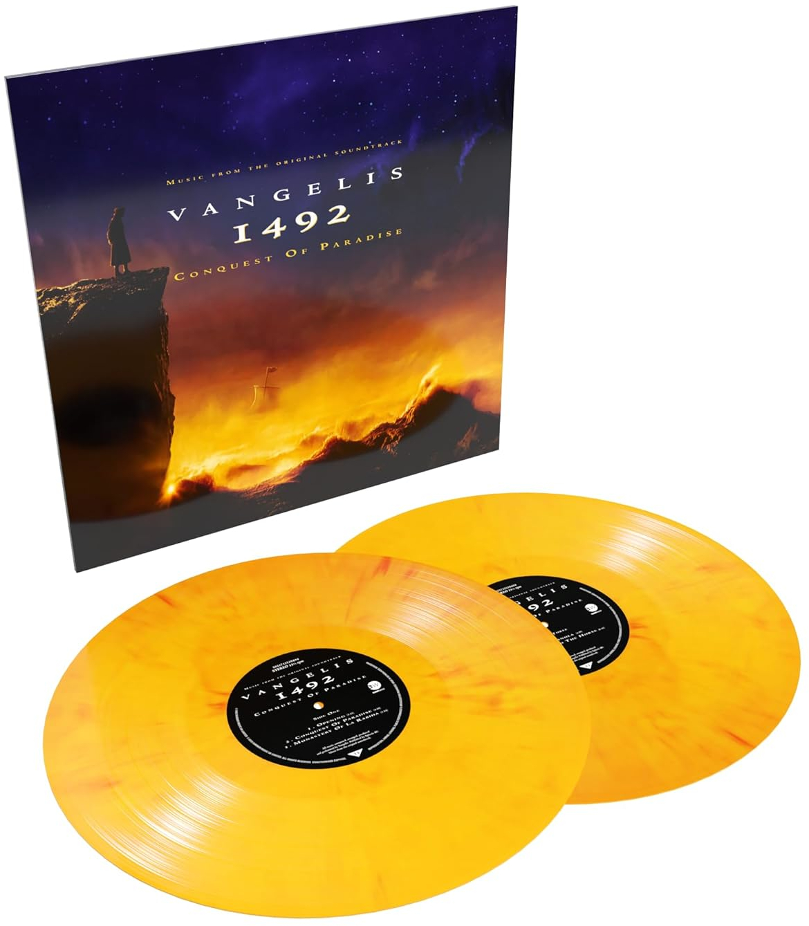 Vangelis 1492, Conquest of Paradise album borítója. Két sárga bakelit lemez az albumborító előtt.