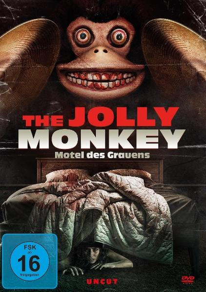 Kinoposter für 'The Jolly Monkey'. Zeigt ein Affengesicht, ein Bett und eine versteckte Frau. Blut ist sichtbar. Bewertungssymbol.