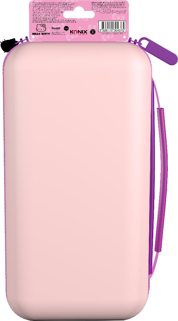 Un estuche rosa de Hello Kitty con asa y cremallera moradas. La parte superior tiene una etiqueta rosa con texto y código de barras.