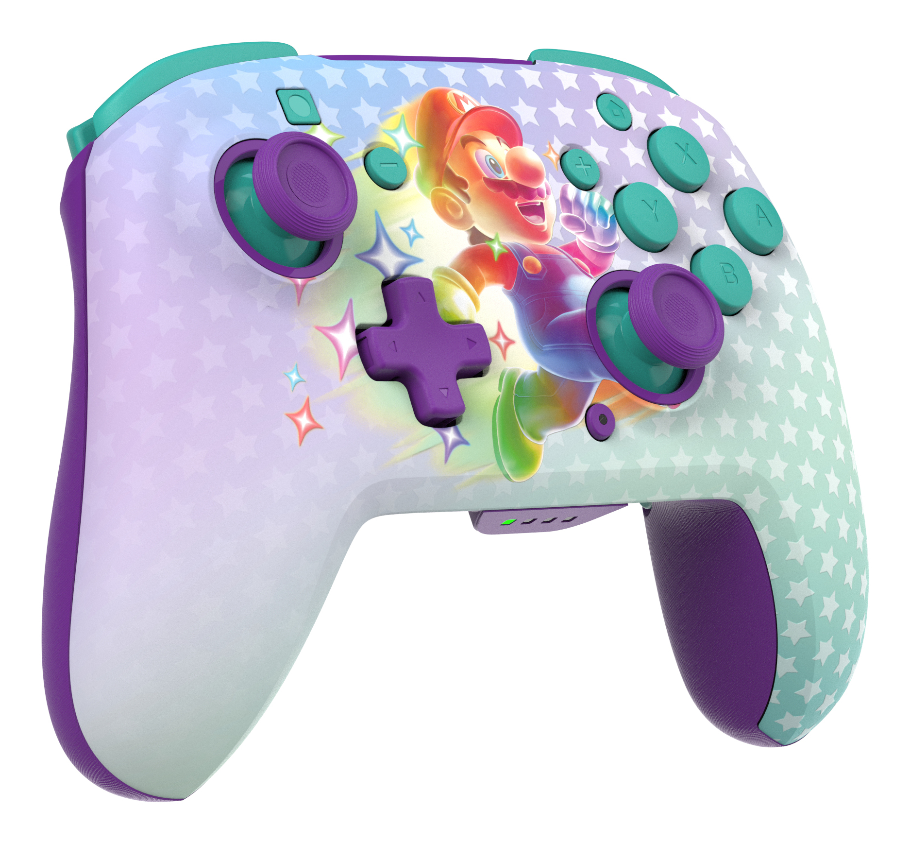 Un mando Pro de Nintendo Switch con Mario. Tiene una base blanca y morada, con un patrón de estrellas y detalles verdes y morados.
