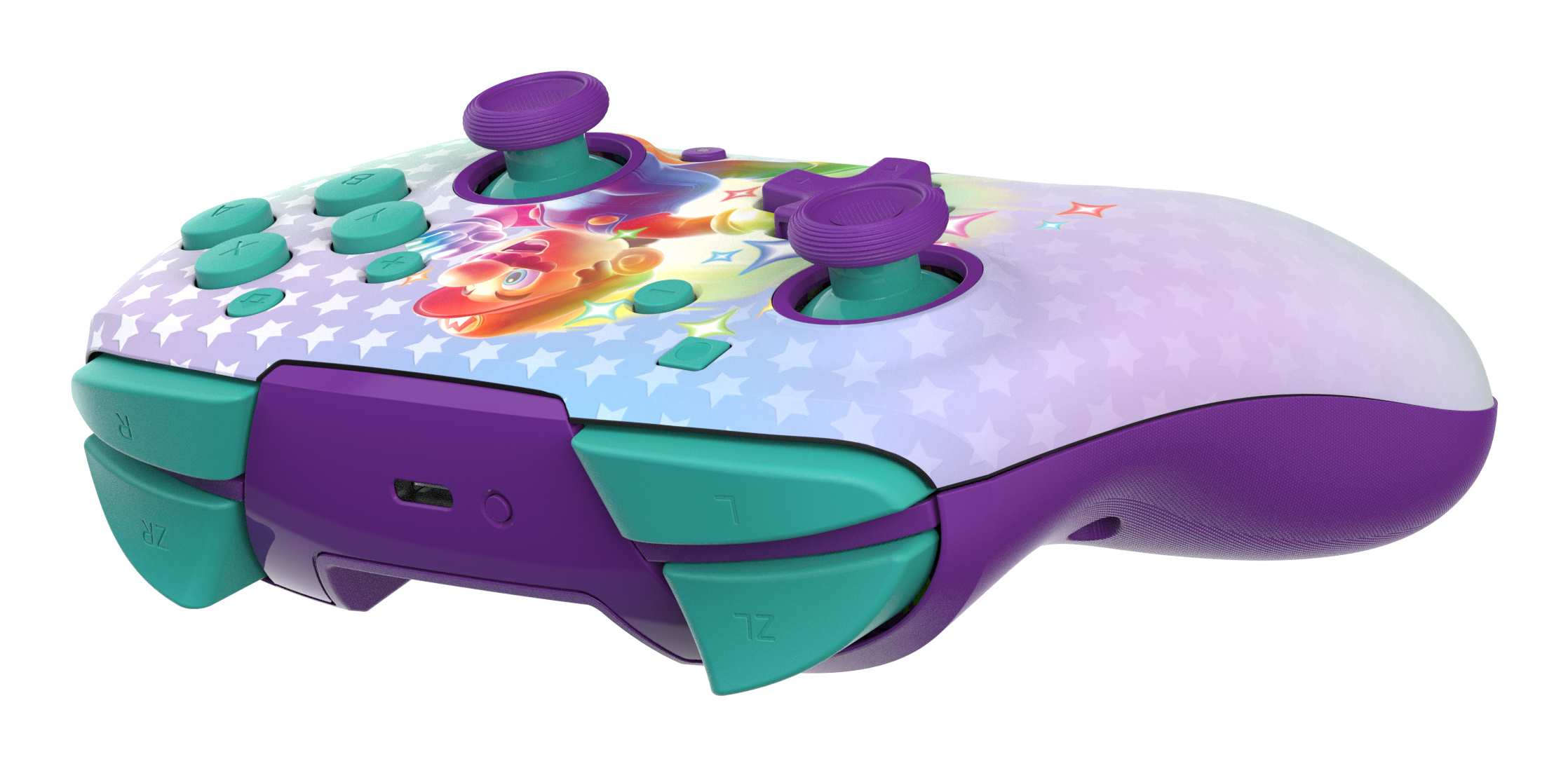 Un mando de Nintendo Switch morado y verde azulado con un diseño de dibujos animados. Tiene joysticks morados, botones verde azulado y un patrón de estrellas.
