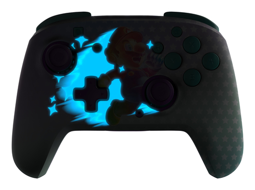 Un mando Pro de Switch gris con Mario y efectos brillantes azules. Los botones son verde oscuro. El fondo es blanco.