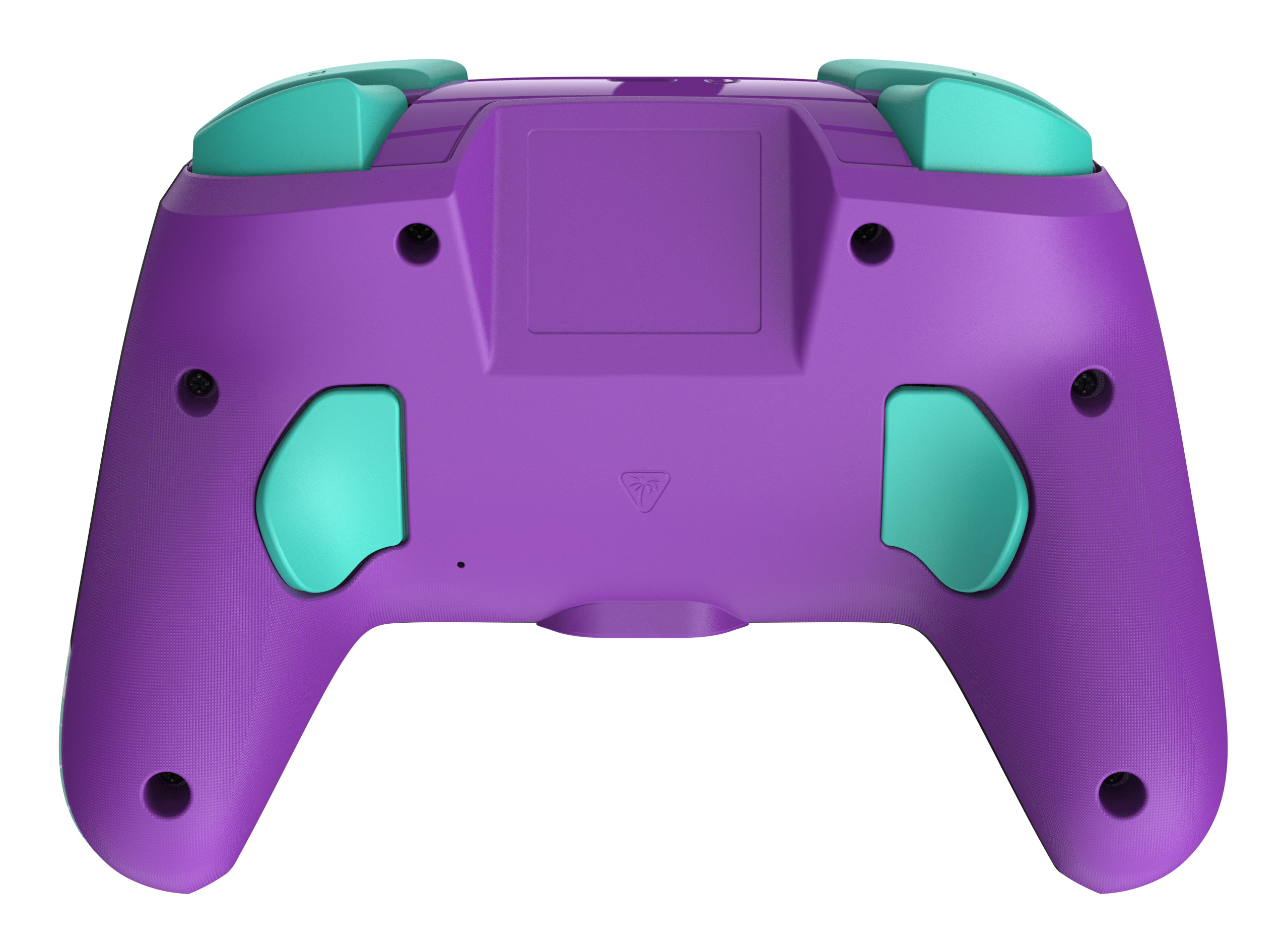 Un controlador de juego morado con botones verde azulado. El controlador tiene una superficie texturizada y un logotipo de palmera.
