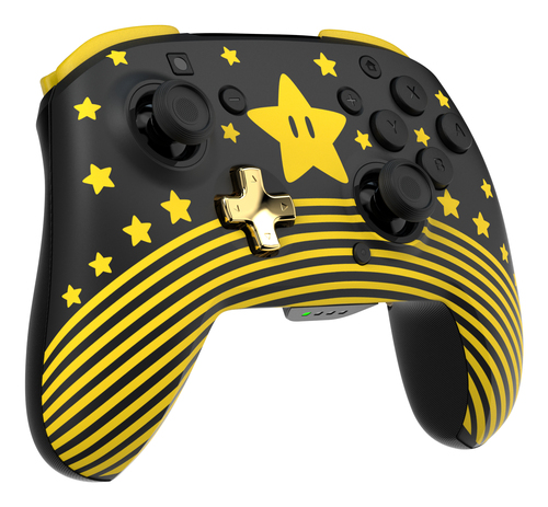 Un controlador Nintendo Switch Pro negro con estrellas amarillas, una estrella y detalles dorados. Rayas amarillas arqueadas en la parte inferior.
