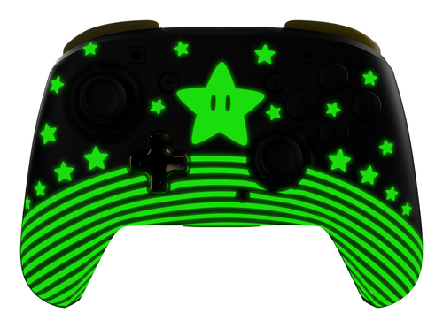 Mando de juego negro con estrella y estrellas verdes brillantes de Mario. Líneas verdes en la parte inferior. Acentos amarillos arriba.