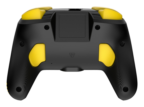 Mando de juego negro y amarillo. Cuatro botones amarillos en la parte superior, agarres amarillos en los lados. Cuerpo negro con acabado texturizado.