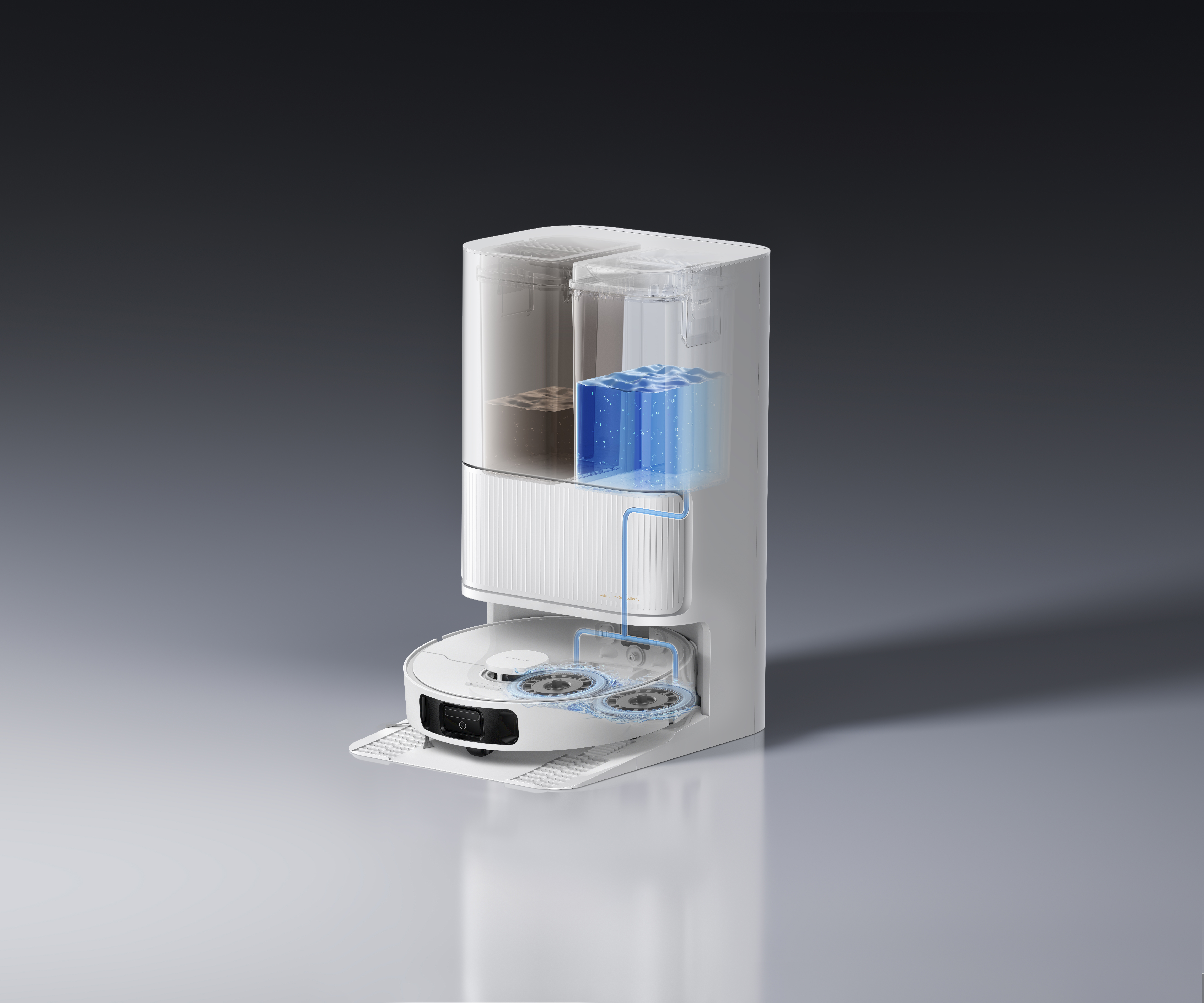 Automatyczny odkurzacz z dołączonym zbiornikiem na wodę. Widoczne są elementy wewnętrzne. Niebieska woda przepływa przez system.