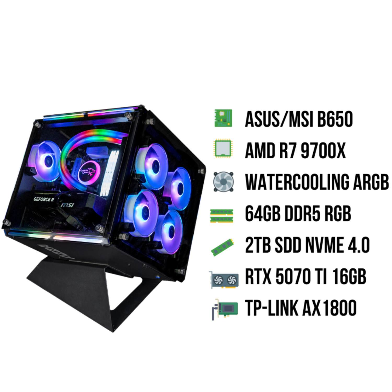 Un boîtier PC avec composants : ASUS/MSI B650, AMD R7 9700X, Refroidissement liquide ARGB, 64 Go DDR5 RGB, 2 To SSD, RTX 5070 TI, TP-LINK AX1800.