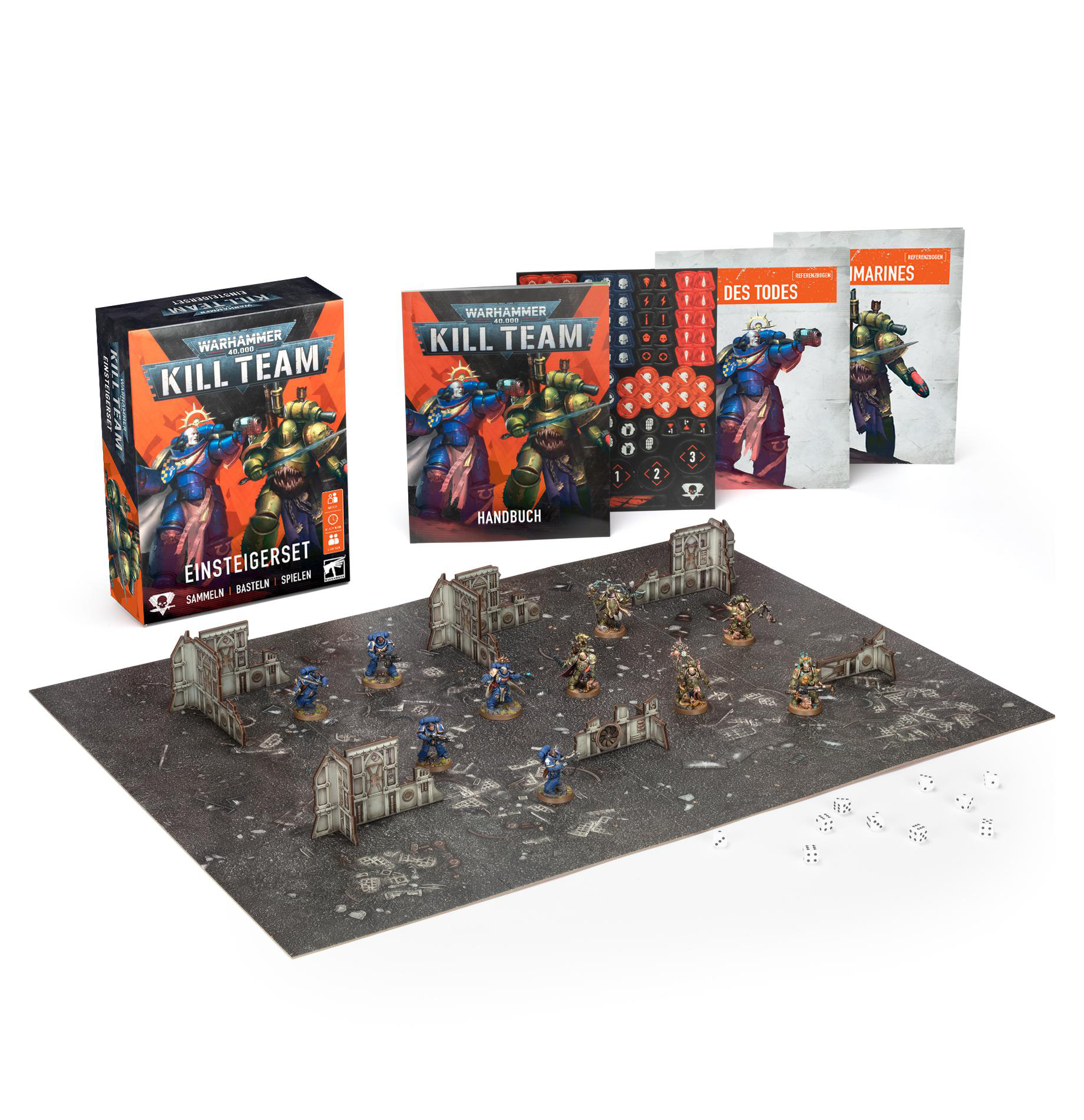 Warhammer 40.000 Kill Team Spielset. Enthält Box, Regelbücher, Spielfiguren auf einem Schlachtfeld mit Würfeln.