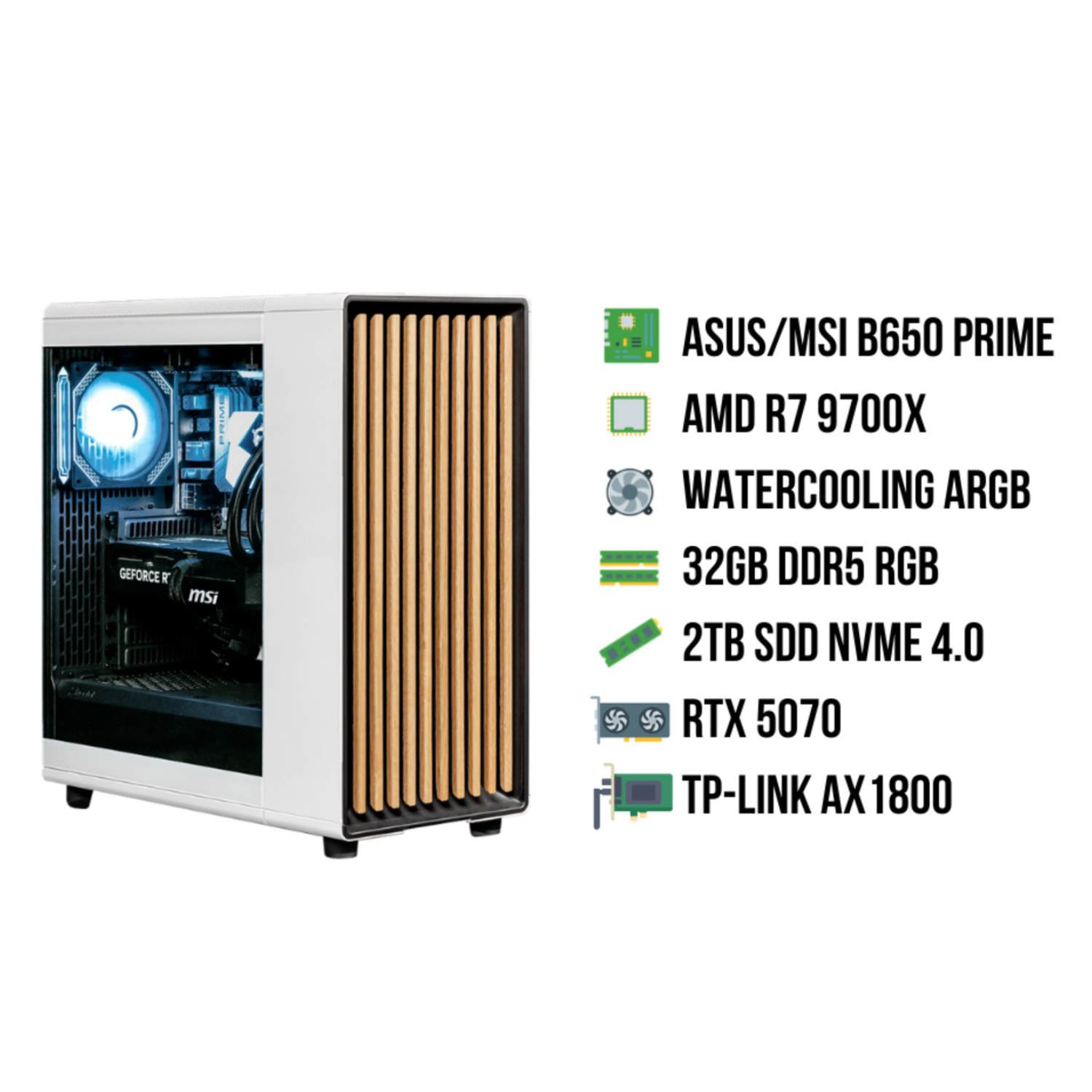 Un boîtier PC blanc avec panneau en bois. Caractéristiques: ASUS/MSI B650 PRIME, AMD R7 9700X, watercooling, 32 Go DDR5, RTX 5070.