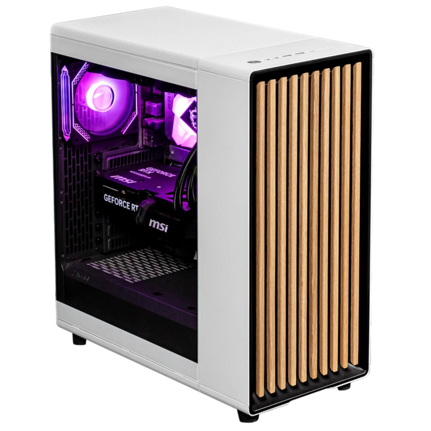 Un boîtier d'ordinateur blanc avec un panneau avant en bois. À l'intérieur, les composants sont éclairés en violet. La carte MSI GeForce RTX est visible.