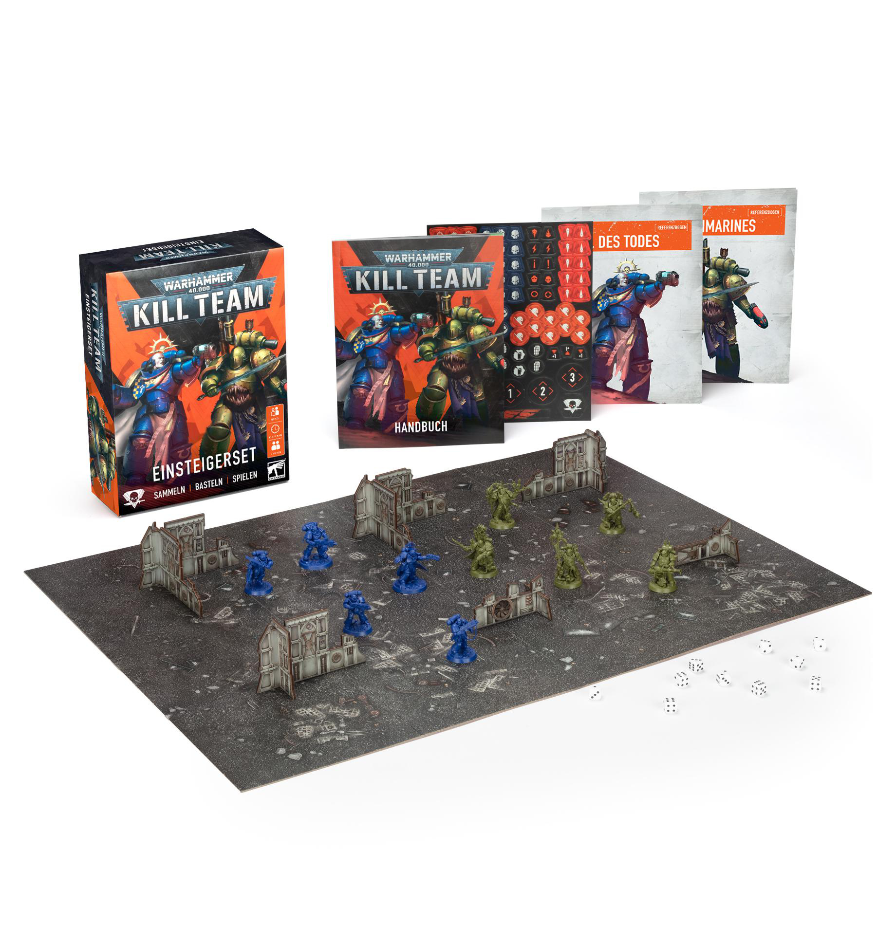 Warhammer 40.000 Kill Team Spielset. Enthält Miniaturen, Gelände, Würfel und Regelbücher auf einem Spielbrett.