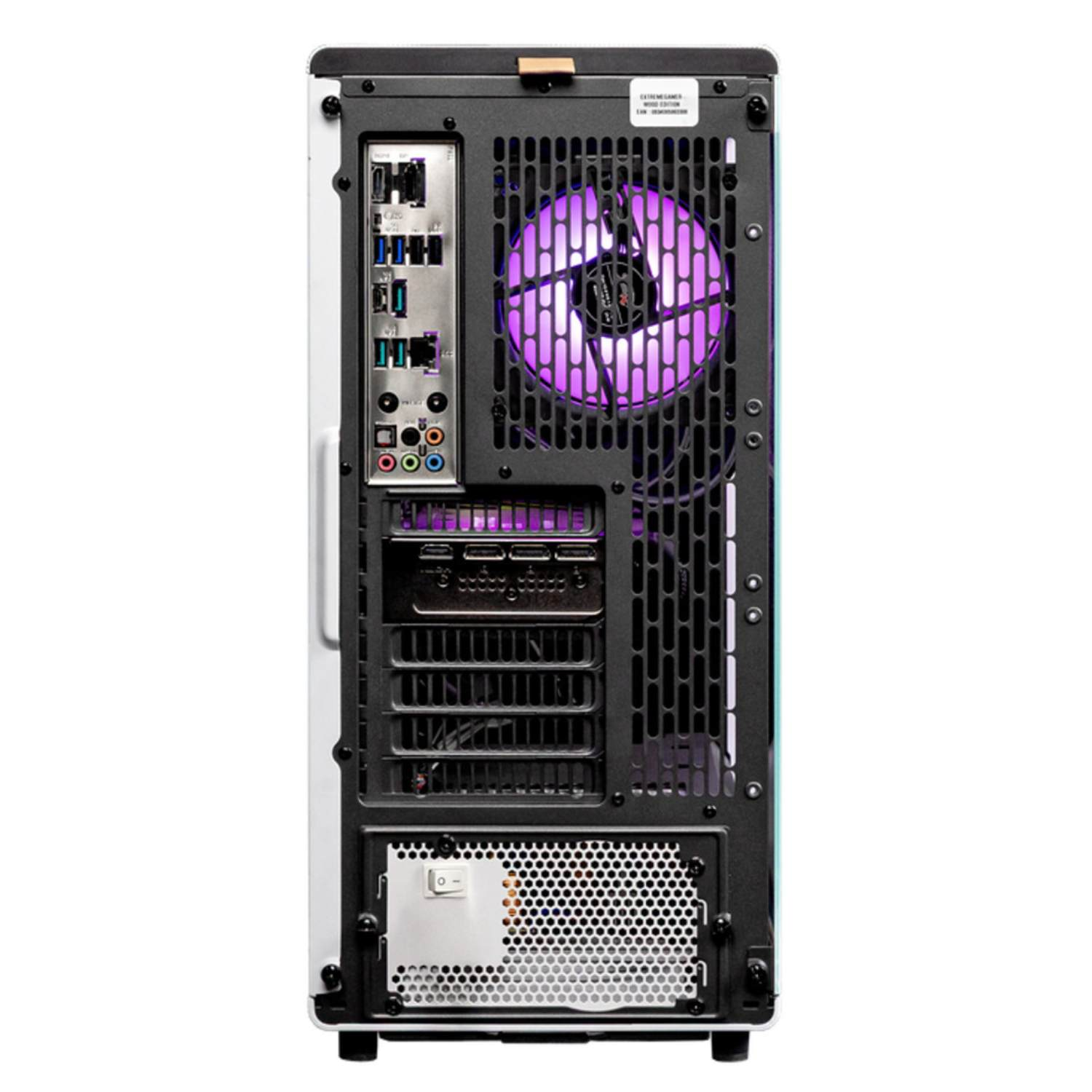 Arrière d'un boîtier d'ordinateur, montrant les ports, un ventilateur éclairé en violet et un interrupteur d'alimentation.