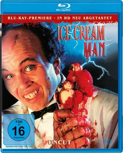 Ein Mann mit finsterem Lächeln hält einen schmelzenden Eisbecher, bedeckt mit Rot. Der Titel „Ice Cream Man“ ist sichtbar.