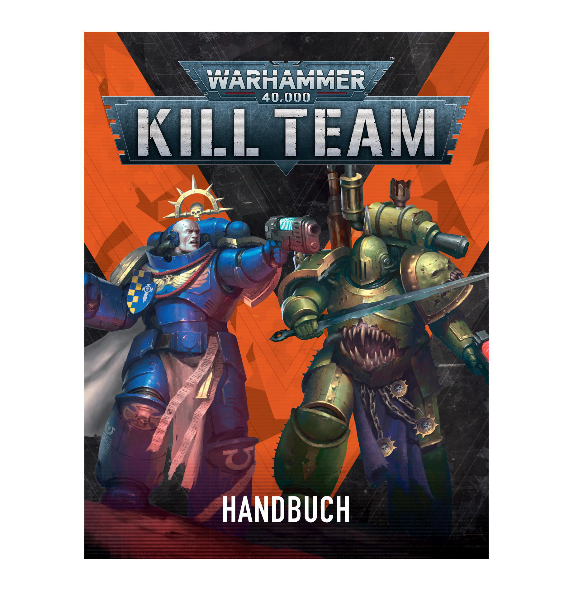 Titelbild des Kill Team-Handbuchs. Blaue und grüne gepanzerte Figuren stehen sich gegenüber. Warhammer-Logo oben.