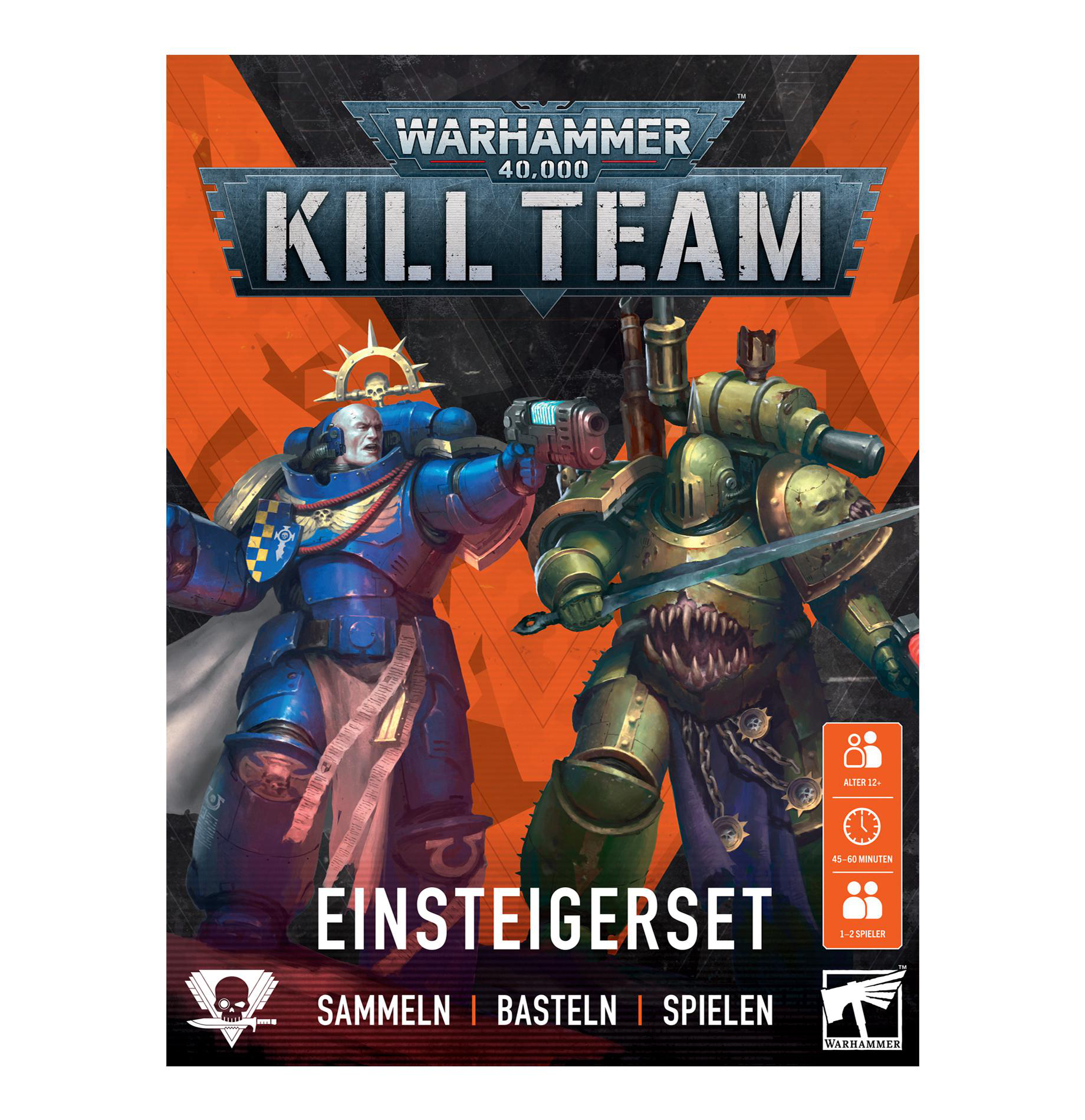Warhammer 40.000 Kill Team Box-Art. Ein blau gerüsteter Space Marine und ein grün gerüsteter Krieger.