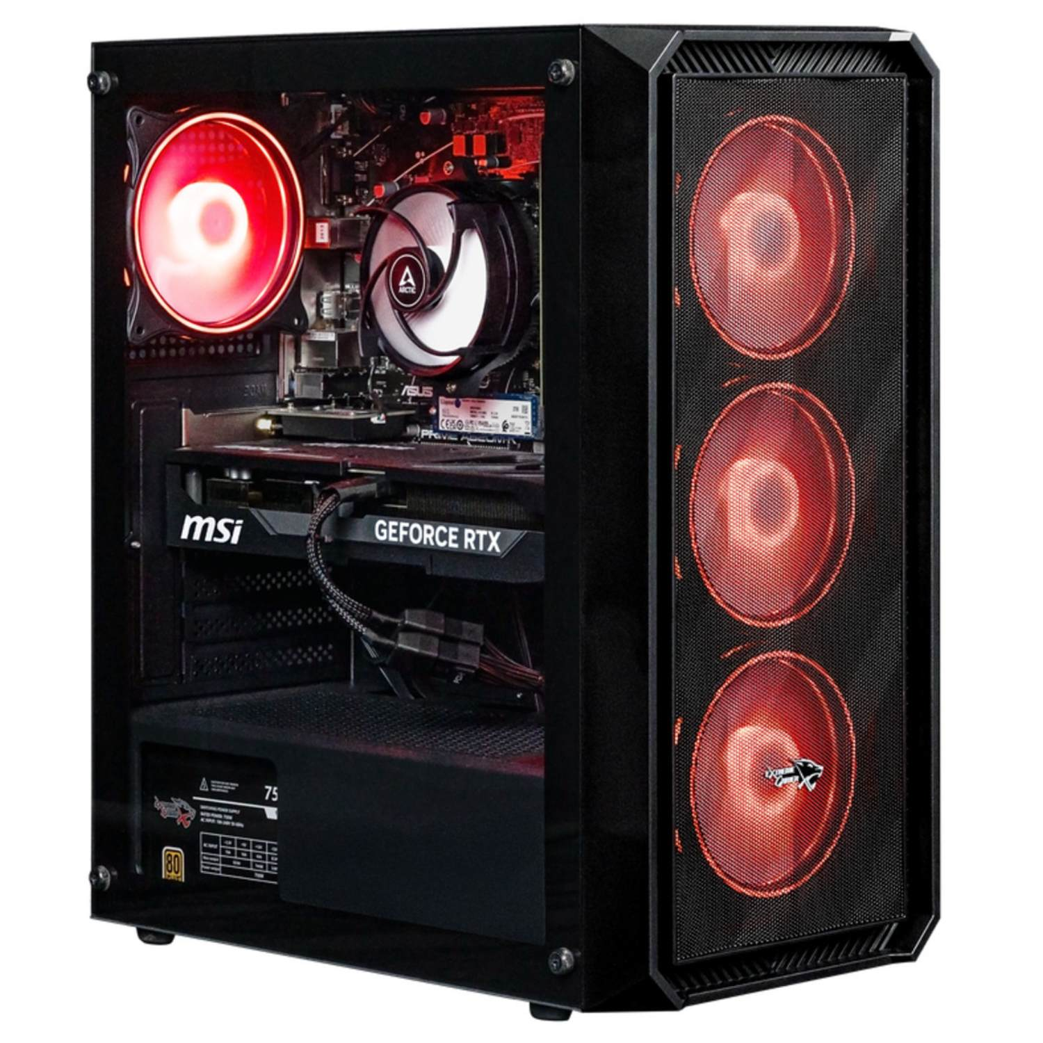 Zwarte computerkast met rood verlichte ventilatoren. Zichtbare interne componenten zijn onder andere een grafische kaart en een CPU-koeler.