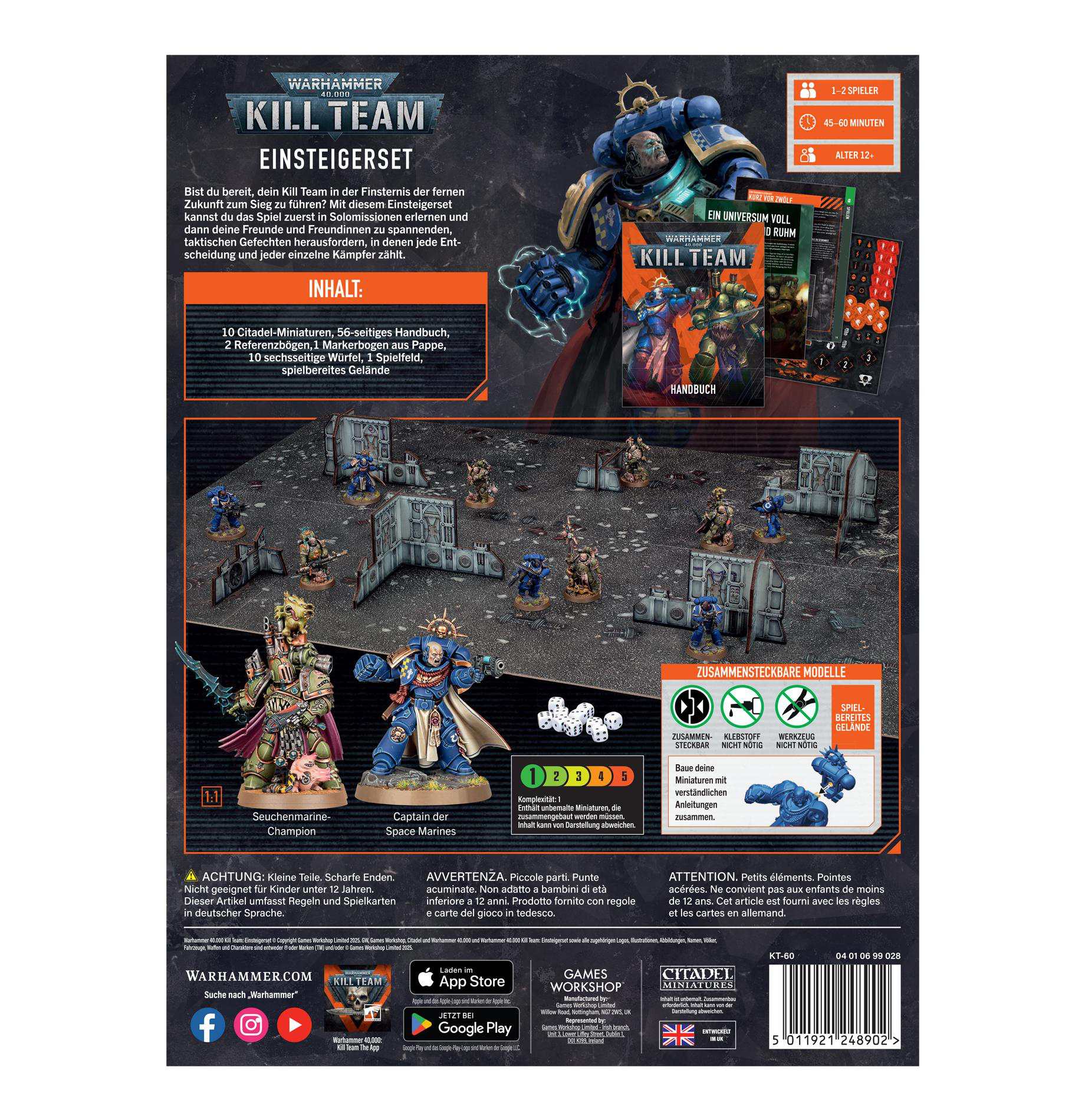 Box-Art für Kill Team. Zeigt Space Marines und andere Figuren auf einem Schlachtfeld, mit Spieldetails.