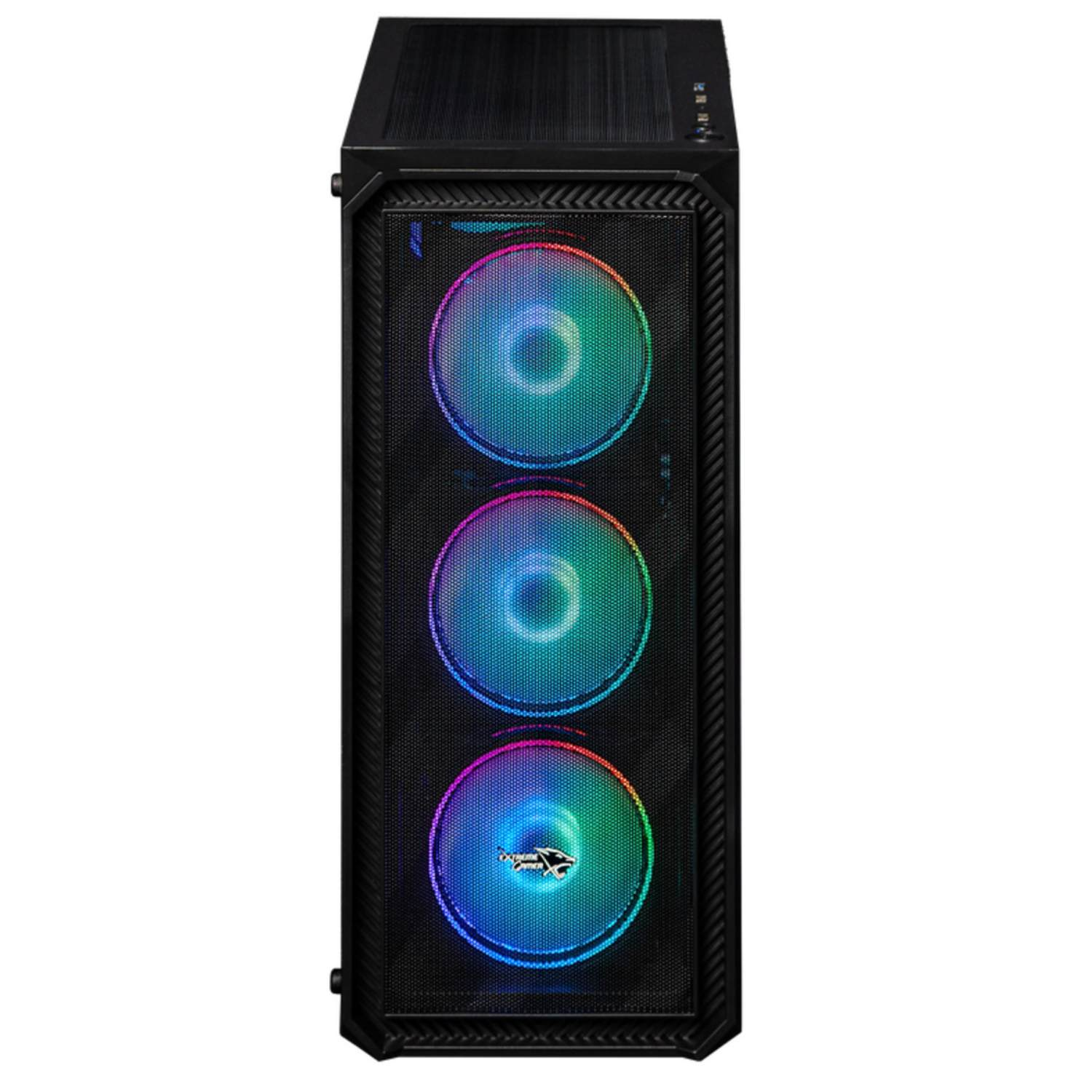 Een zwarte computerkast met drie verlichte ventilatoren. De ventilatoren tonen een kleurrijk spectrum van licht tegen de mesh voorkant.