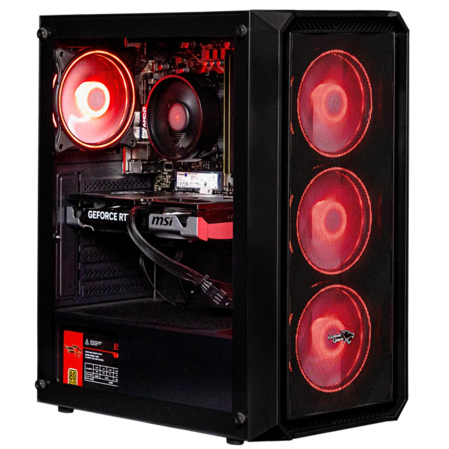 Zwarte computerkast met rood gloeiende ventilatoren. Interne componenten zichtbaar, waaronder grafische kaart en CPU-koeler.