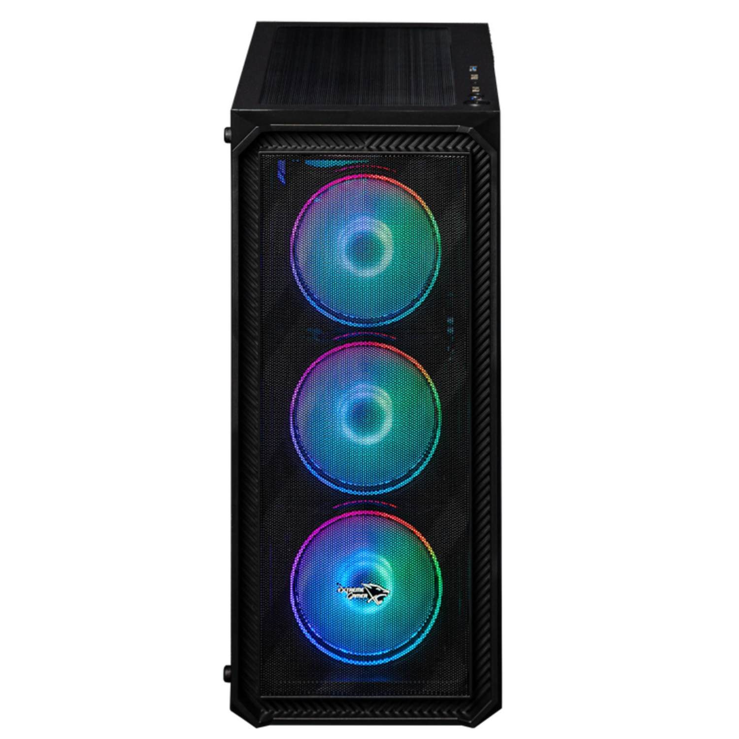 Zwarte computerkast met drie verlichte ventilatoren. Ventilatoren tonen regenboogkleuren. Kast heeft een mesh voorpaneel.