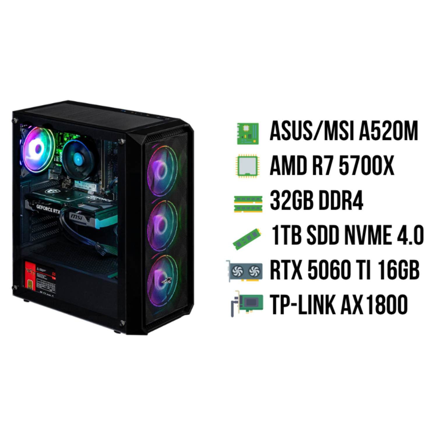 Een zwarte computerkast met gekleurde lichten en tekst rechts: ASUS/MSI A520M, AMD R7 5700X, 32GB DDR4, 1TB SSD, RTX 5060 TI.