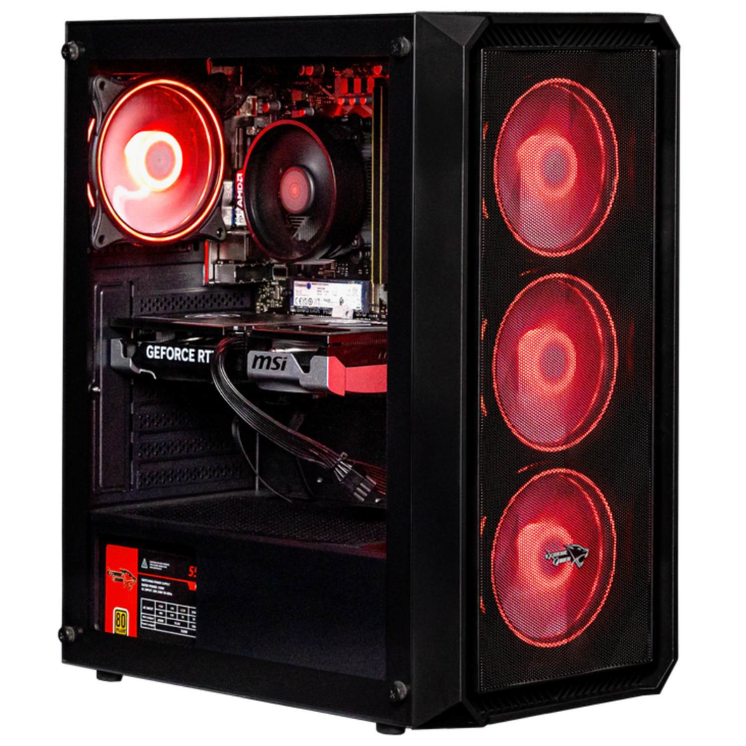 Zwarte computerkast met rood gloeiende ventilatoren. Interne componenten zichtbaar, inclusief een grafische kaart en CPU-koeler.