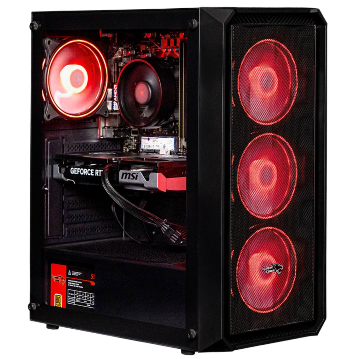 Een zwarte computerkast met rood verlichte ventilatoren. De interne componenten omvatten een grafische kaart, CPU-koeler en moederbord.