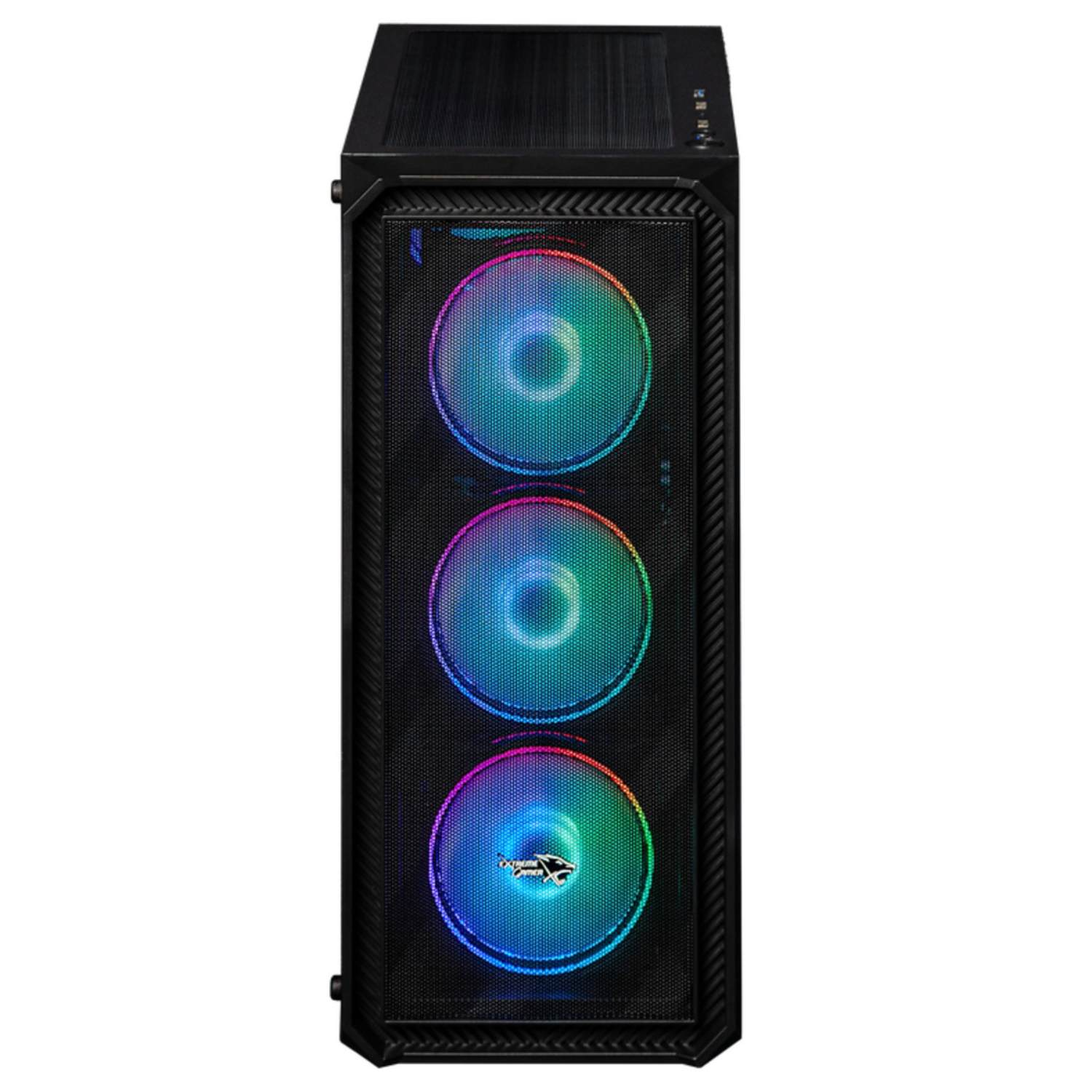 Een zwarte computerkast met drie verlichte ventilatoren. De ventilatoren tonen een regenboog van kleuren. De kast heeft een mesh voorpaneel.