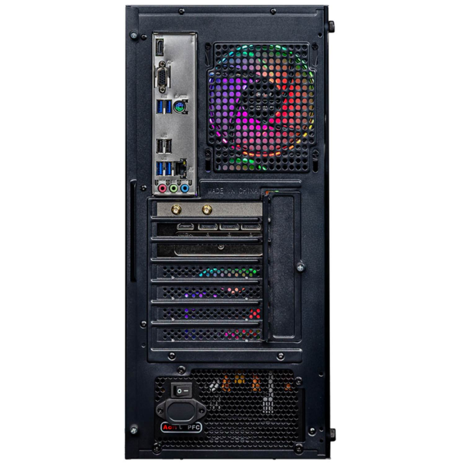 Achterkant van een zwarte computerkast. Poorten, ventilator met regenbooglichten en voeding zijn zichtbaar.