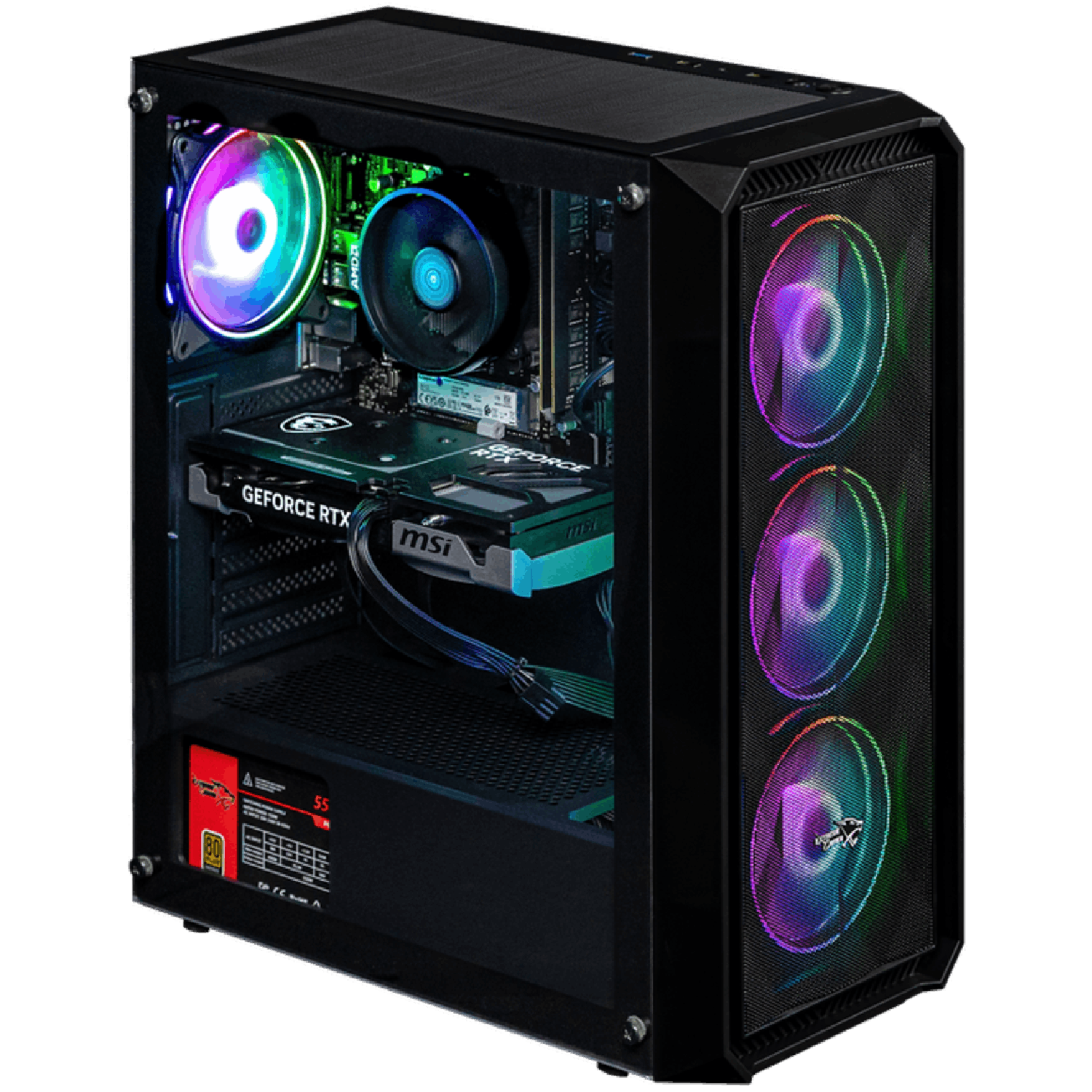 Een zwarte computerkast met een transparant zijpaneel met interne componenten. RGB-ventilatoren zijn zichtbaar. GeForce RTX grafische kaart zit erin.