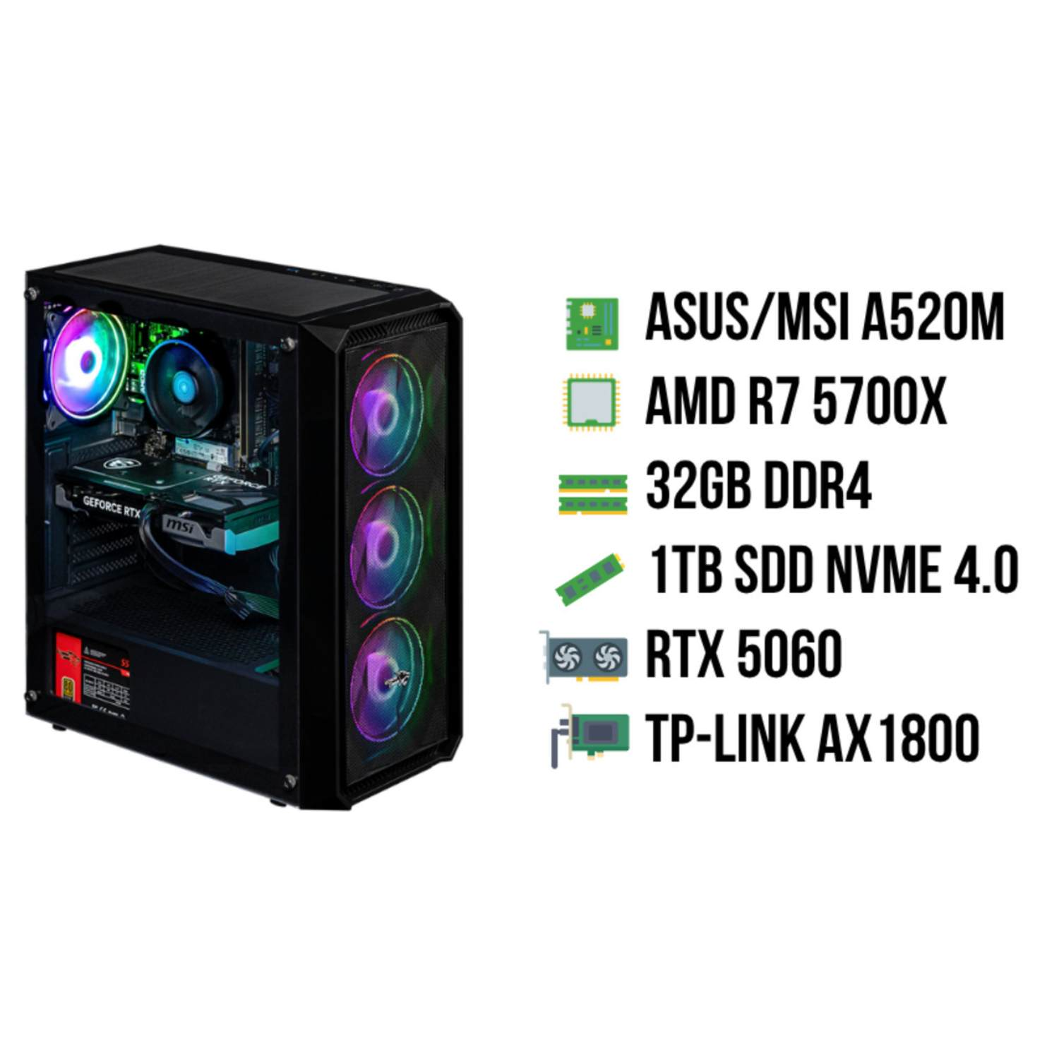 Een zwarte computerkast met RGB-ventilatoren wordt getoond. De tekst geeft de componenten aan: ASUS/MSI A520M, AMD R7 5700X, 32GB DDR4, RTX 5060.