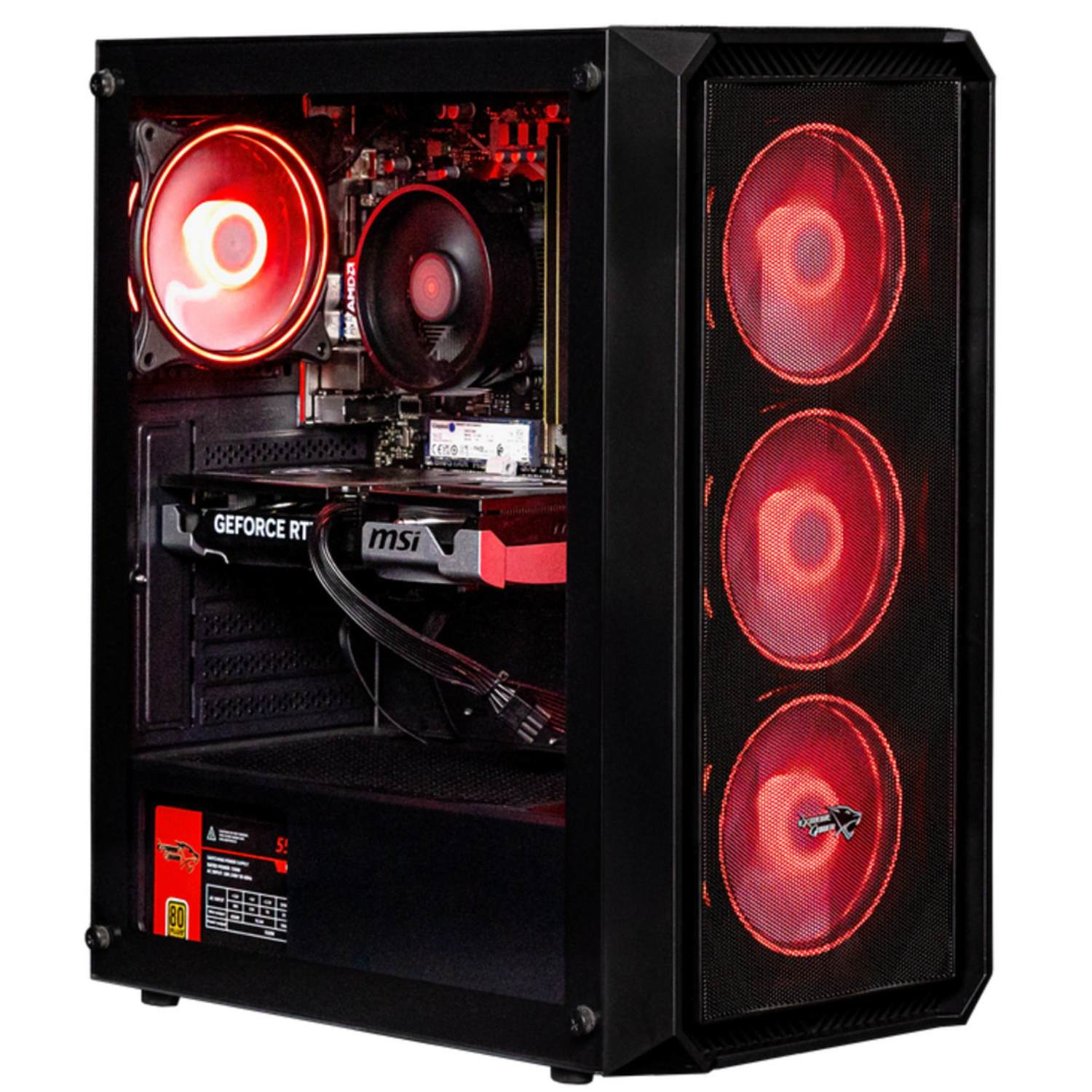 Een zwarte computerkast met rood verlichte ventilatoren. Interne componenten zichtbaar, waaronder een grafische kaart en CPU-koeler.