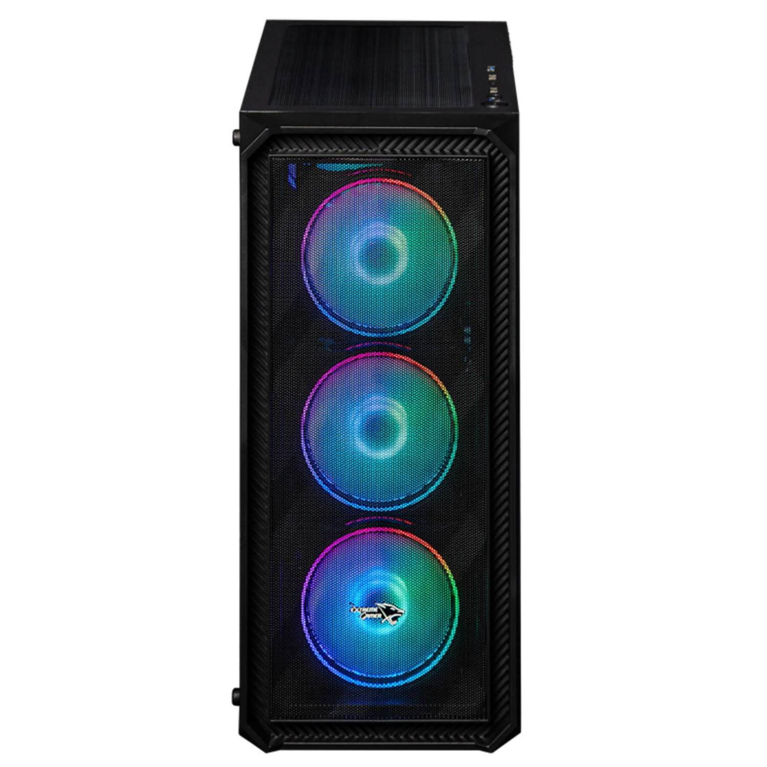 Zwarte computerkast met drie verlichte ventilatoren die een kleurenspectrum weergeven. De kast heeft een gaas voorpaneel.