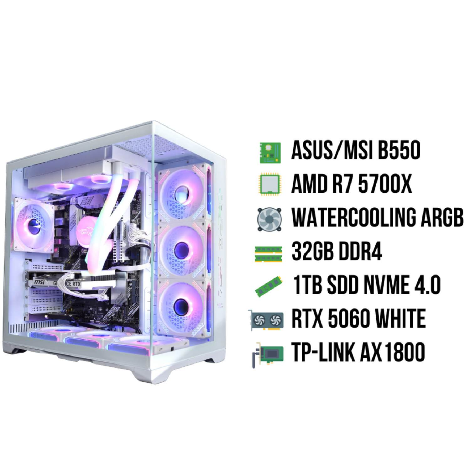 Een witte gaming-pc met LED-ventilatoren en componenten, waaronder ASUS/MSI B550, AMD R7 5700X en RTX 5060.